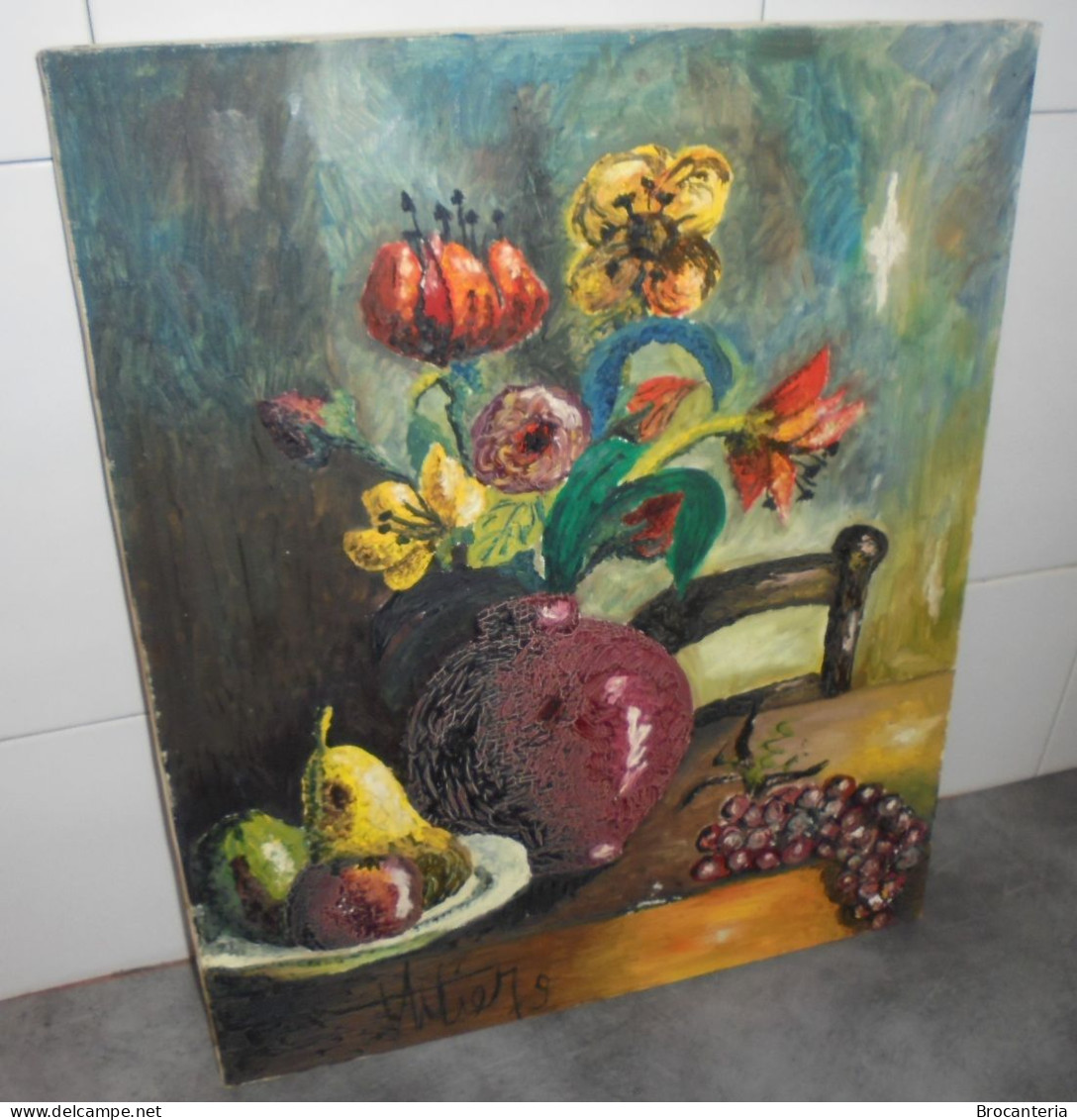 VINTAGE PEINTURE NATURE MORTE HST Signé 1979 - 46cm X 55cm - Oelbilder