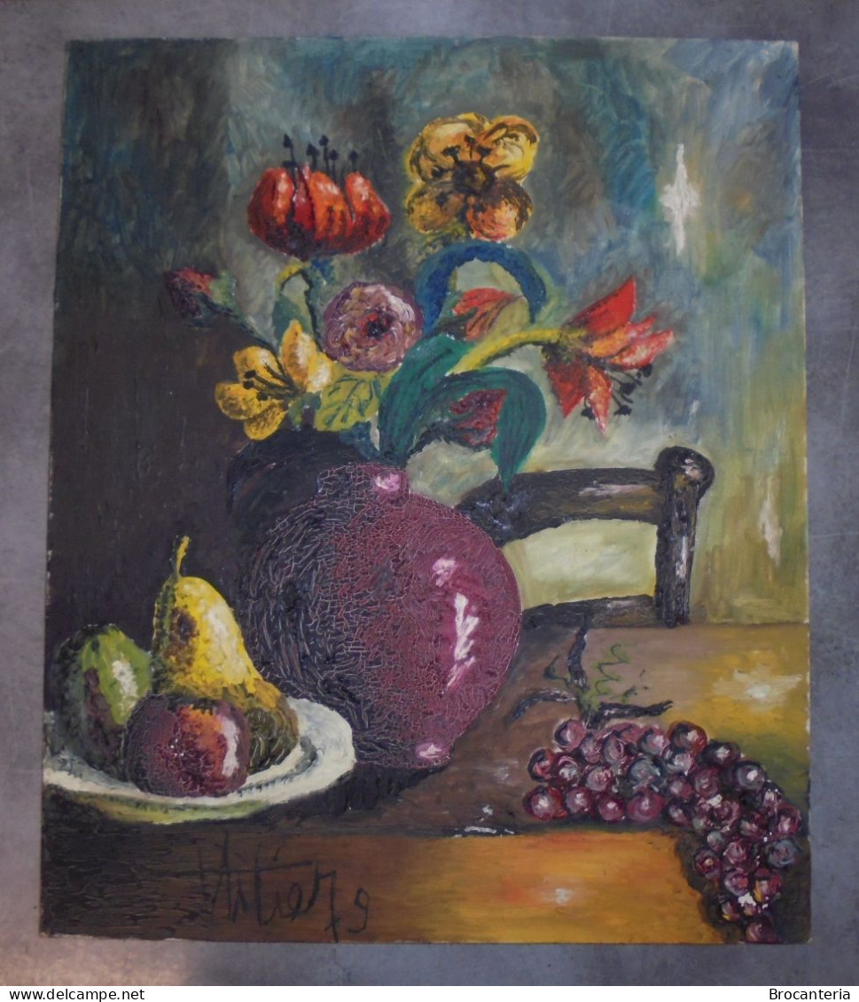 VINTAGE PEINTURE NATURE MORTE HST Signé 1979 - 46cm x 55cm