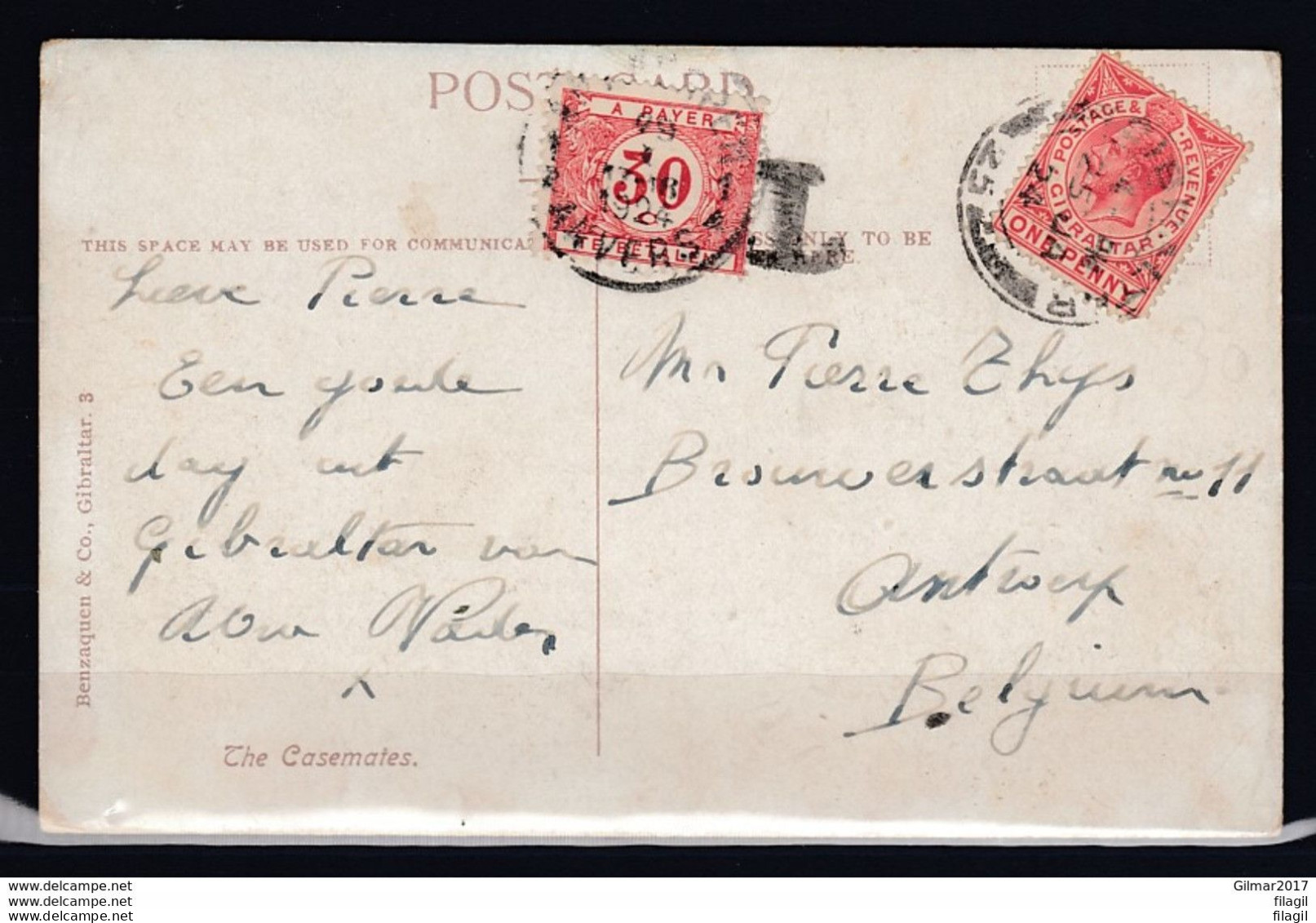 Postkaart Van Gibraltar Naar Antwerpen Met Taksstempel N°35 - Storia Postale