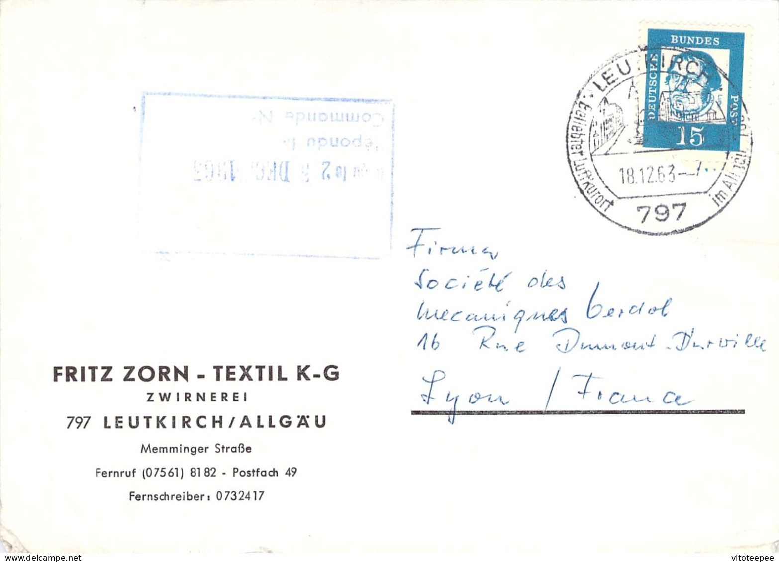 Germany Allemagne Carte Commerciale Fritz Zorn Textile K-G Zwirnerei Leutkirch / Allgäu 1963 - Leutkirch I. Allg.