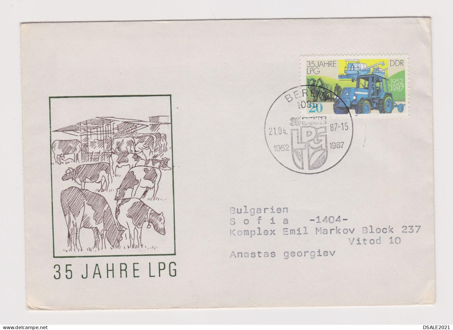 East Germany DDR 1987 Cover FDC Mi#3090, 35 JAHRE LPG, Farm Tractor, Sent Abroad To Bulgaria (66112) - 1981-1990