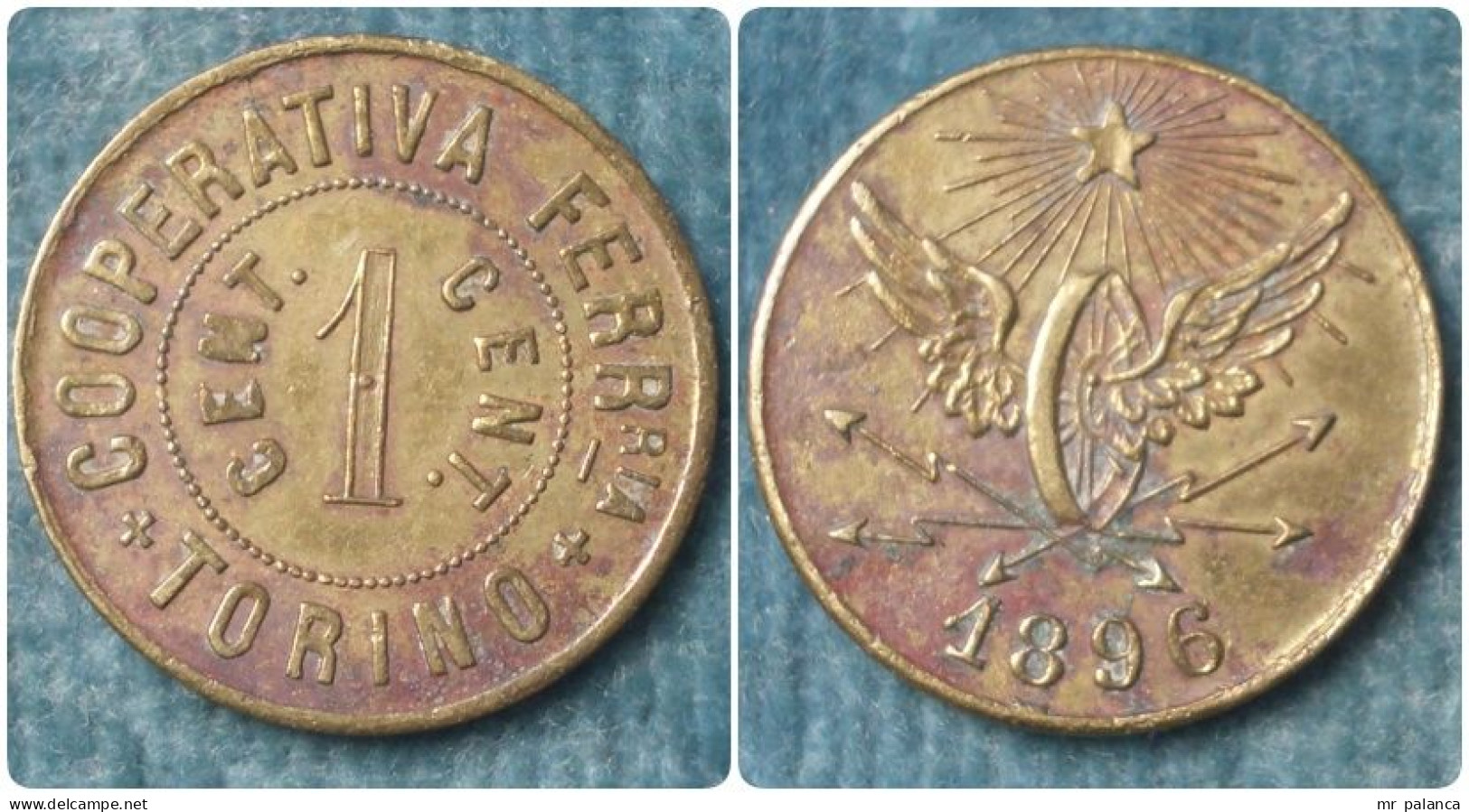 M_p> Gettone Trasporti " COOPERATIVA FERR-IA TORINO 1 CENT. " Altro Lato " Ruota Alata E Data 1896 " - Notgeld