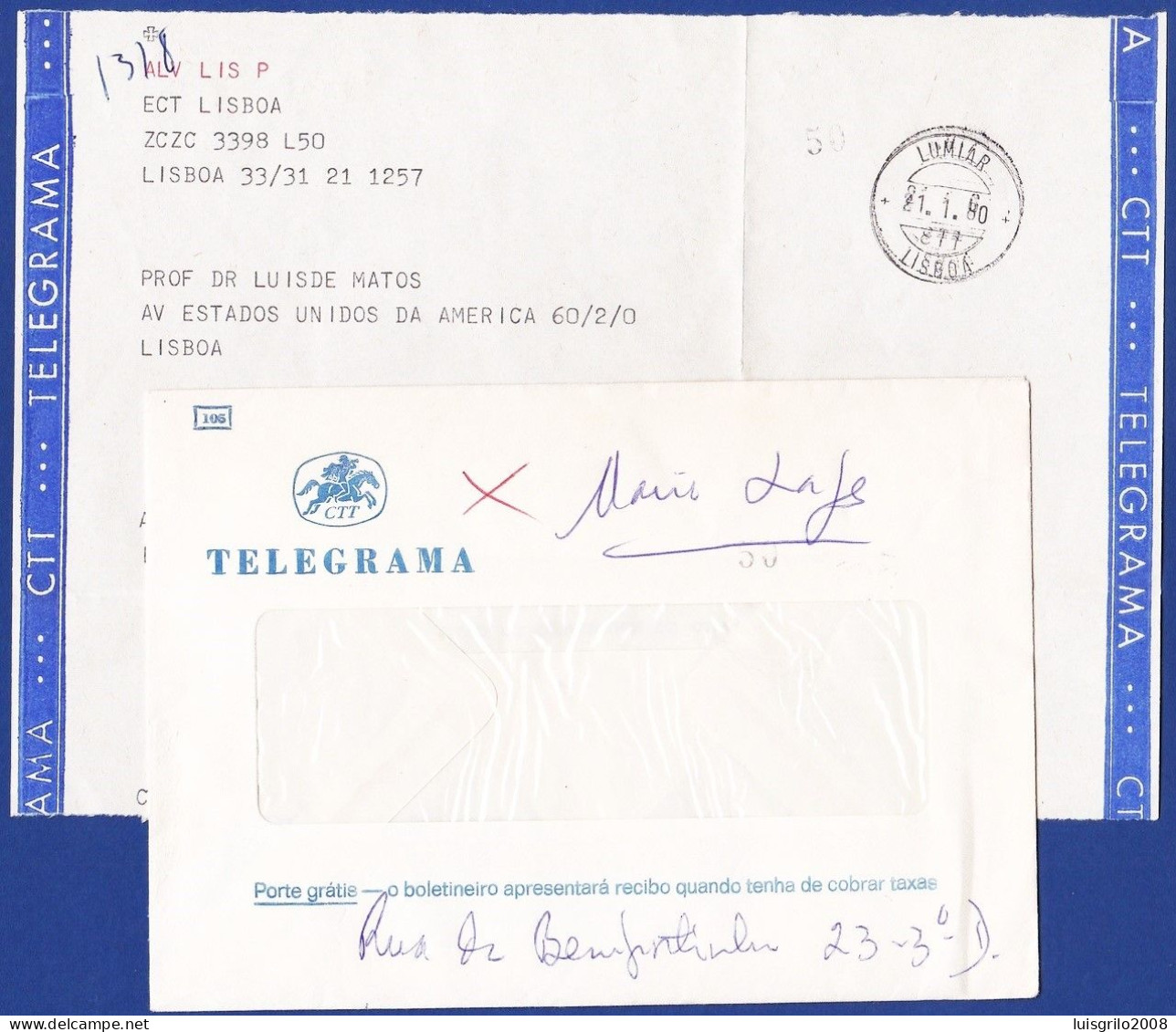 Telegram/ Telegrama - Lisboa > Av. Estados Unidos América, Lisboa -|- Postmark - Lumiar. Lisboa. 1980 - Briefe U. Dokumente