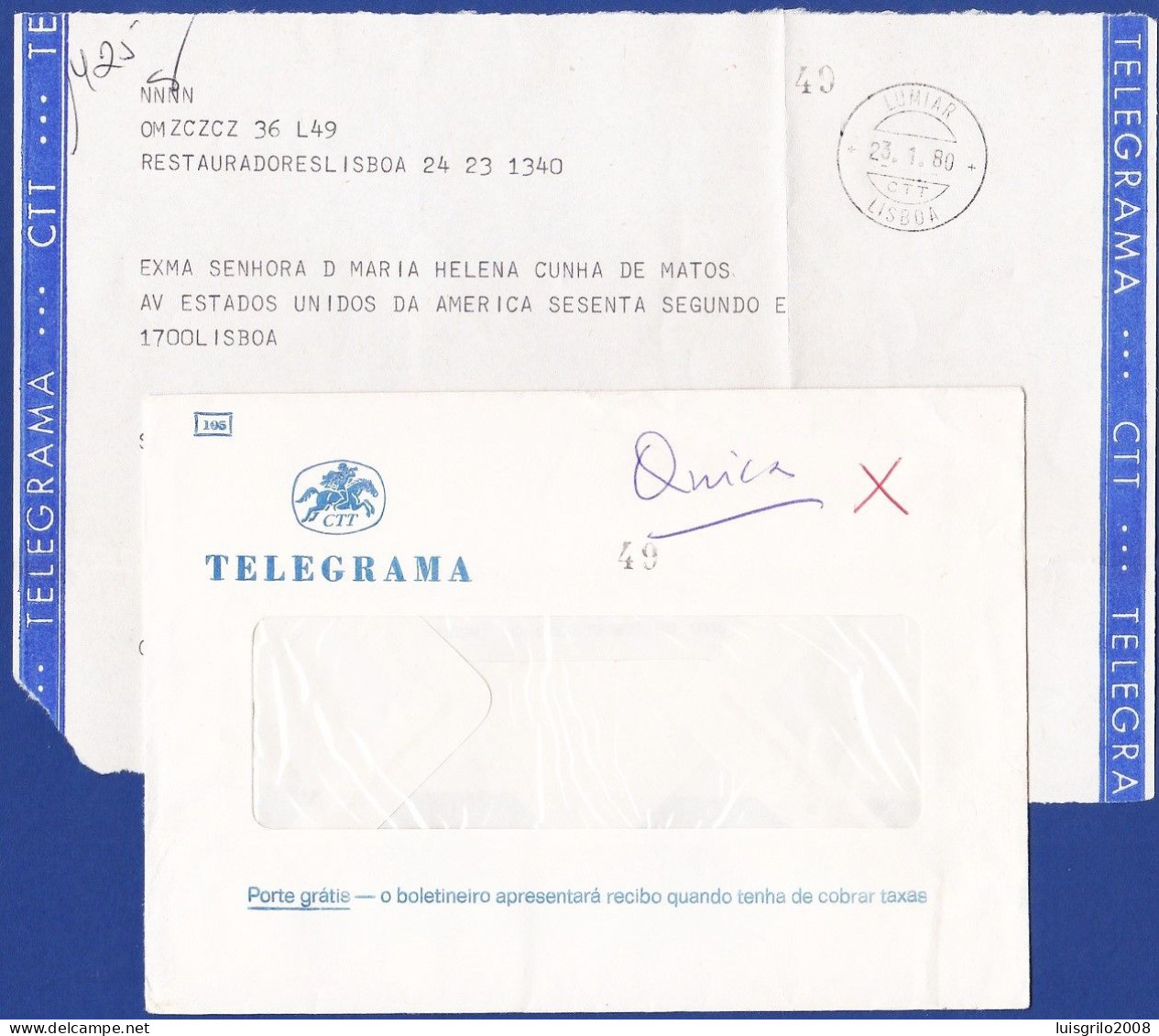 Telegram/ Telegrama - Restauradores, Lisboa > Av. Estados Unidos América, Lisboa -|- Postmark - Lumiar. Lisboa. 1980 - Lettres & Documents