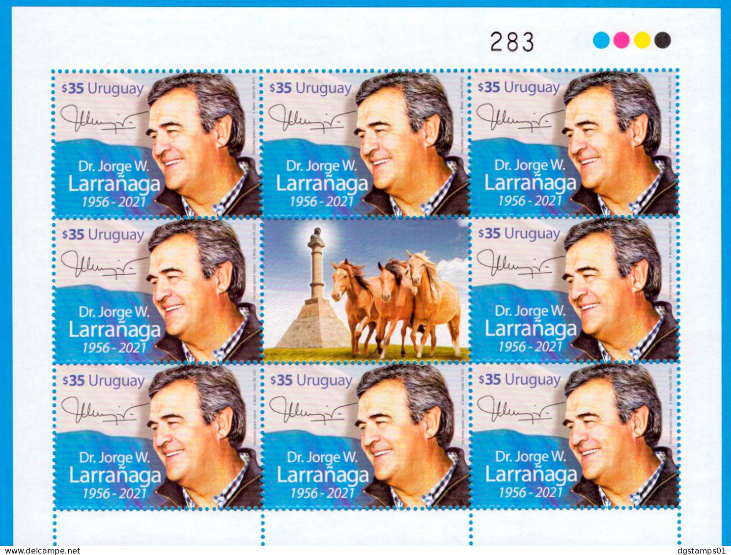 Uruguay 2023 ** Minisheet 8 Stamps And Central Vignette, Horses. Tribute To Jorge Washington Larrañaga. Lawyer. Politica - Autres & Non Classés