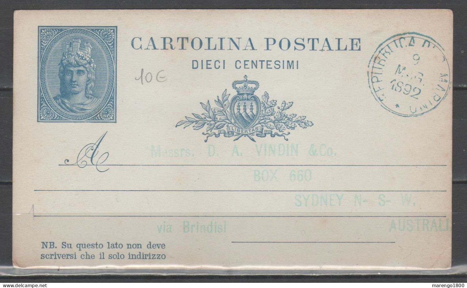 San Marino 1892 - Cartolina Postale 10 C. - Viaggiata Per L'Australia - Postal Stationery