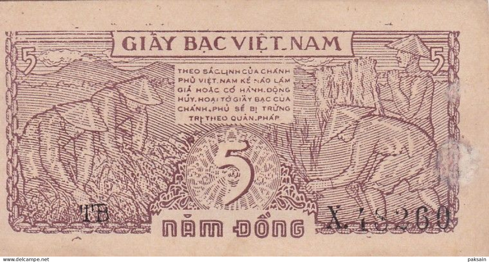 RARE Billet Giay Bac VIET-NAM Nam Bo 5 Dong My Tho 1948 Cochinchine Vietnam Indochine Ho Chi Minh - Viêt-Nam