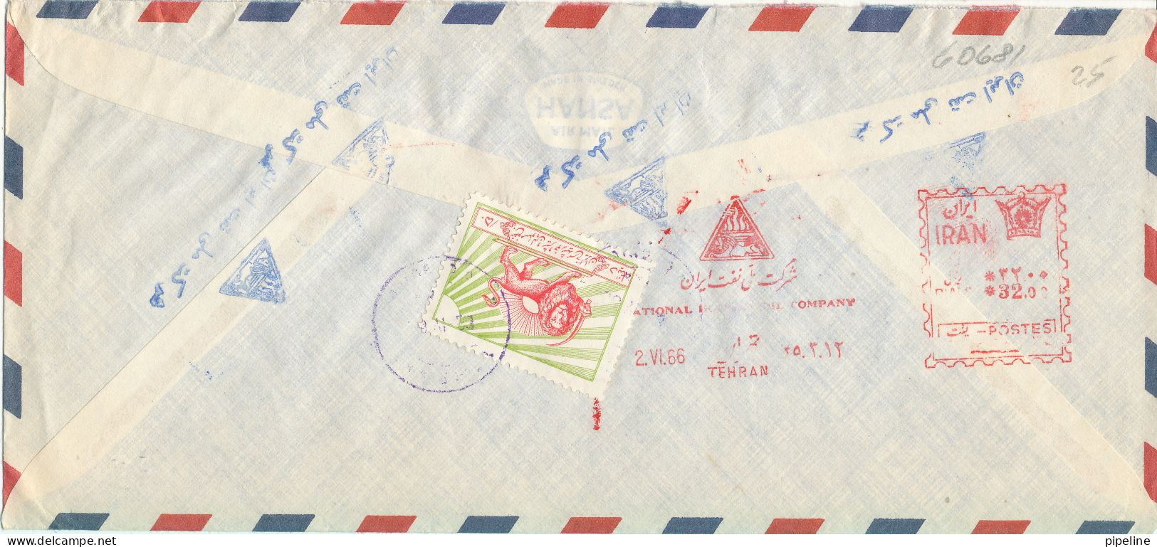 Iran Registered Air Mail Cover With Stamp And Meter Cancel Sent To Denmark 2-6-1966 - Iran