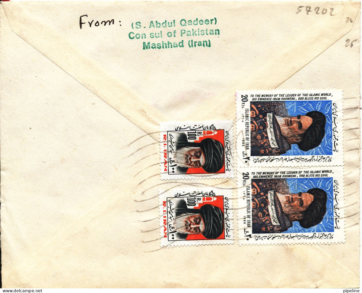 Iran Registered Cover Sent Air Mail To Denmark Topic Stamps On The Backside Of The Cover From Consul Of Pakistan Mashhad - Iran