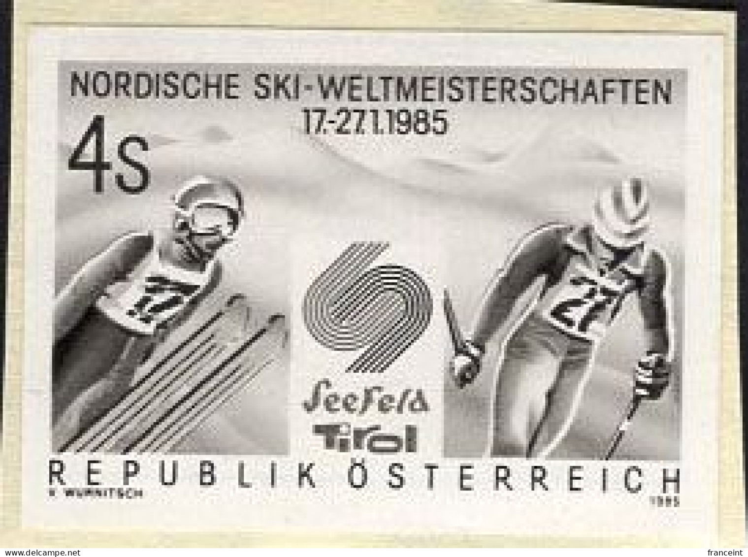 AUSTRIA(1985) Skiers. Black Print. Seefeld Ski Championship - Nordic Events. Scott No 1301, Yvert No 1630. - Essais & Réimpressions