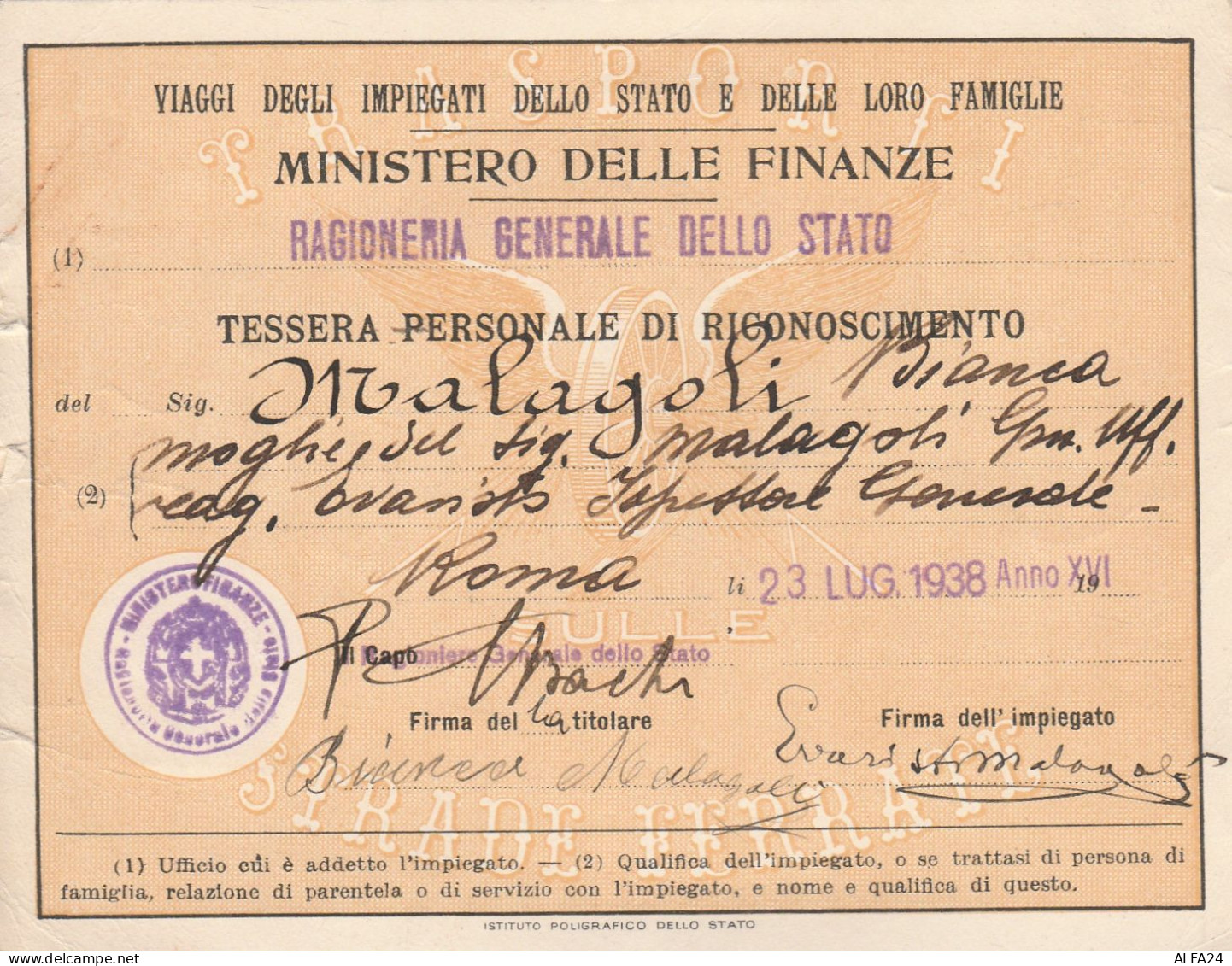 TESSERA FERROVIE VIAGGI IMPIEGATI 1938 (MZ644 - Europe