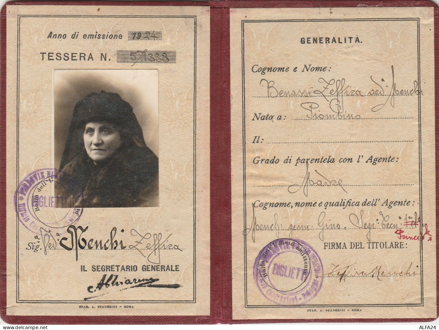 TESSERA FERROVIE DELLO STATO PER FAMIGLIE 1924 (MZ609 - Europa