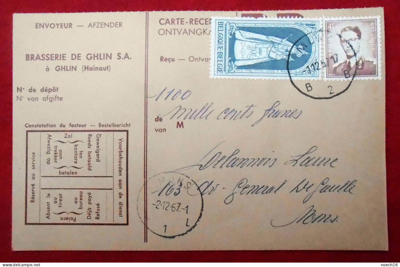 Carte-Récépissé Brasserie De Ghlin, 1967 - 1950 - ...