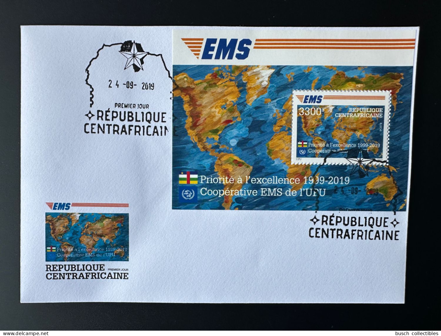 Central Africa Centrafrique 2019 FDC 1er Jour Mi. Bl. 2000 S/S Joint Issue EMS 20 Years Emission Commune E.M.S. UPU - Gemeinschaftsausgaben