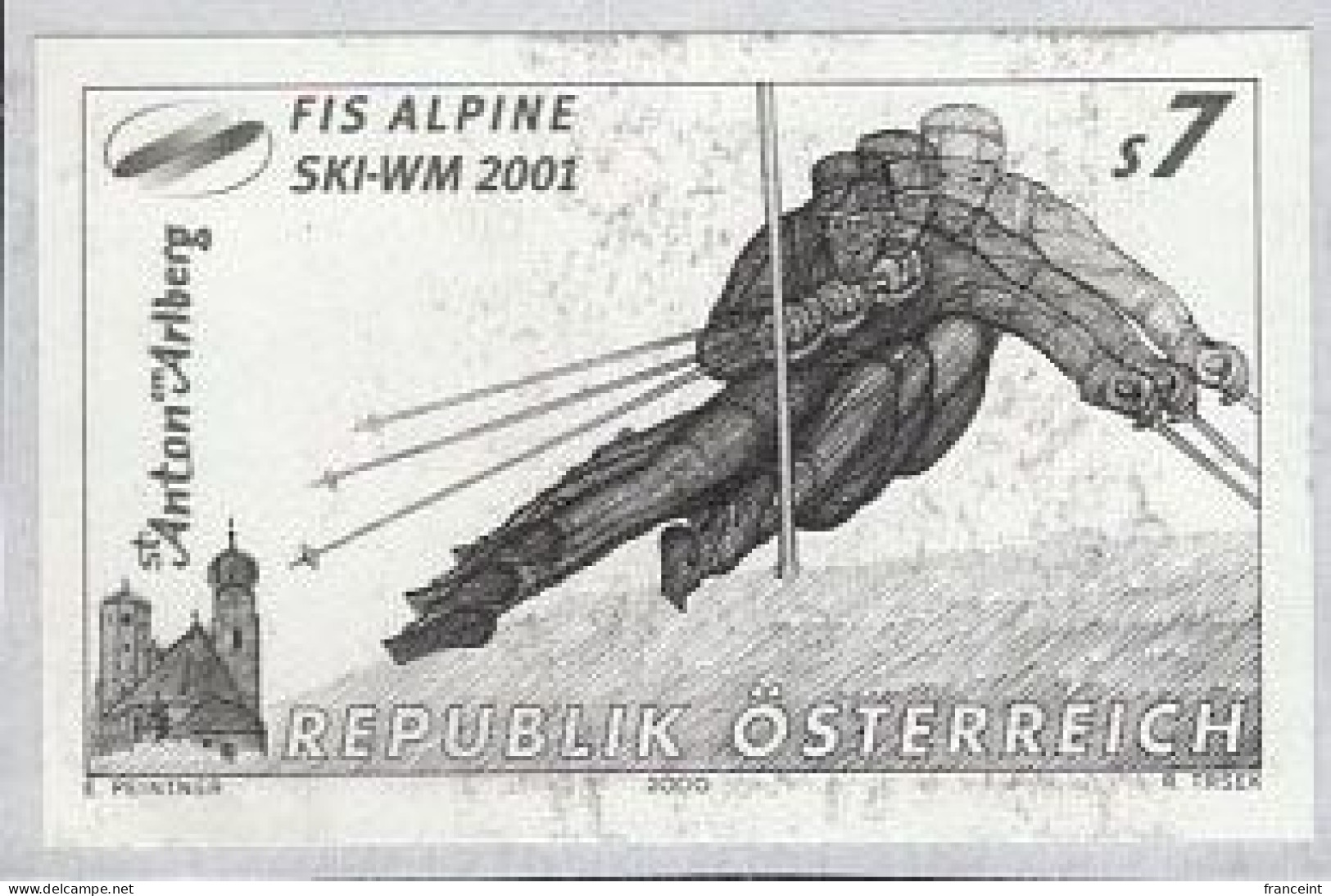 AUSTRIA(2000) Skier. Black Print. 2001 Alpine Skiing World Championship. Scott No 1834. - Essais & Réimpressions