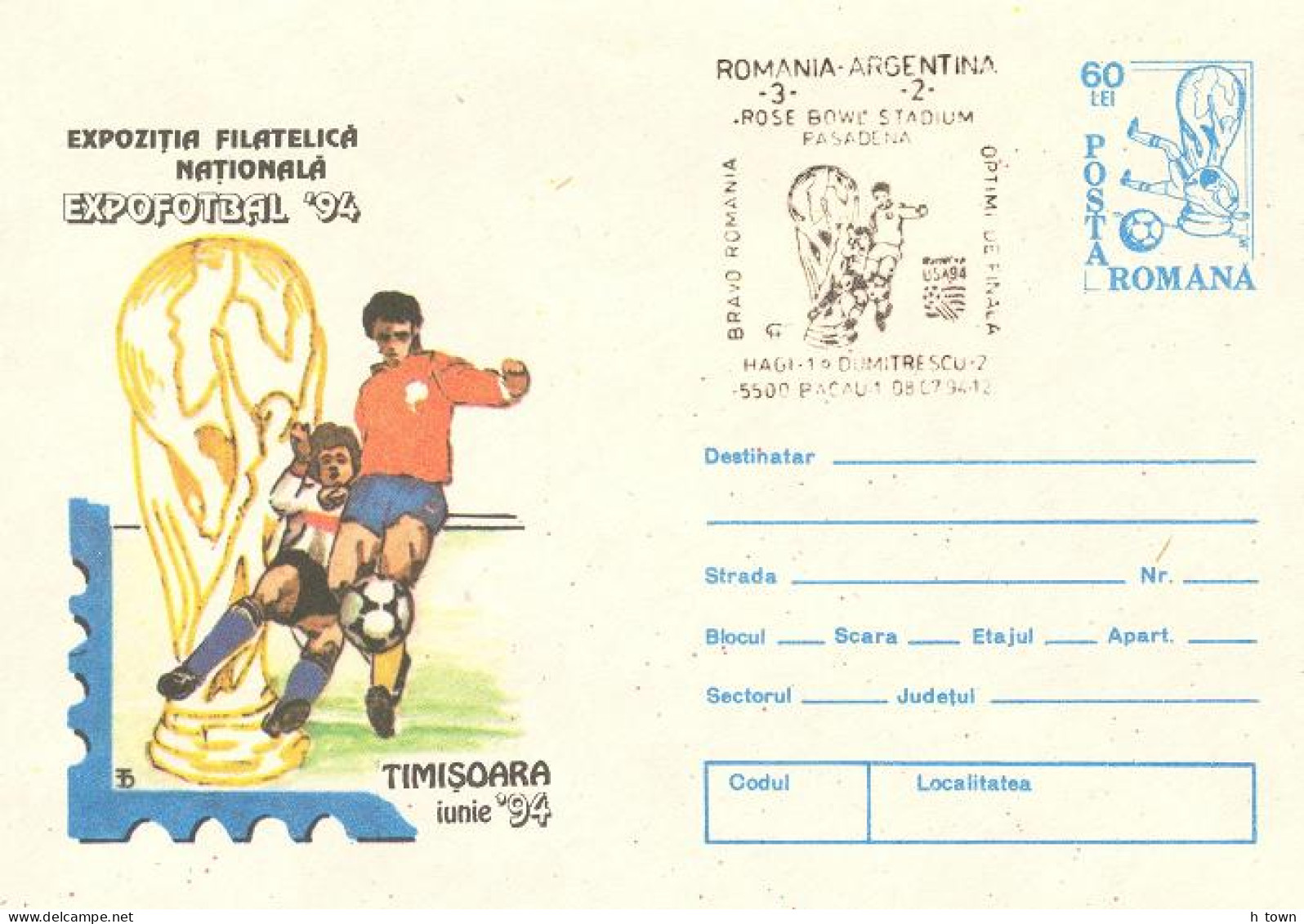 824  FIFA World Cup 1994 USA. The Round Of 16: Romania - Argentinia. Sp. Cancel On Postal Stationery Cover - Argentina - 1994 – USA