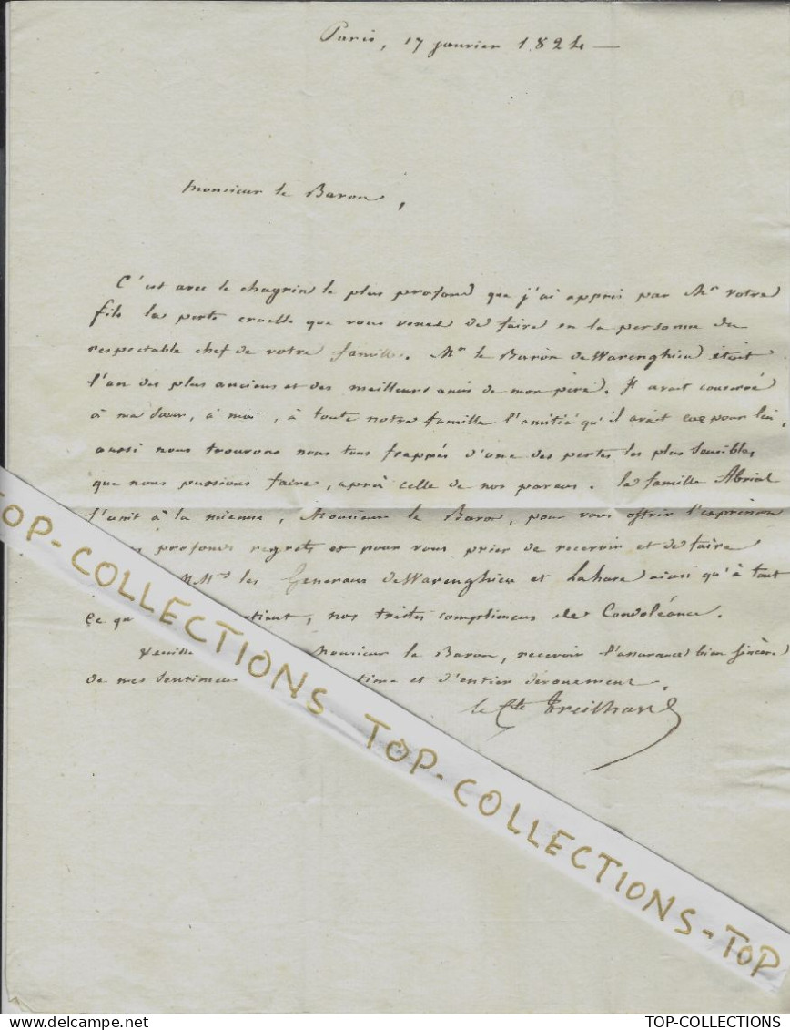 Noblesse Armée 1824 LETTRE Comte Treilhard Paris  SUITE DECES Baron De Warenghien Douai Nord V.HISTORIQUE - Historical Documents