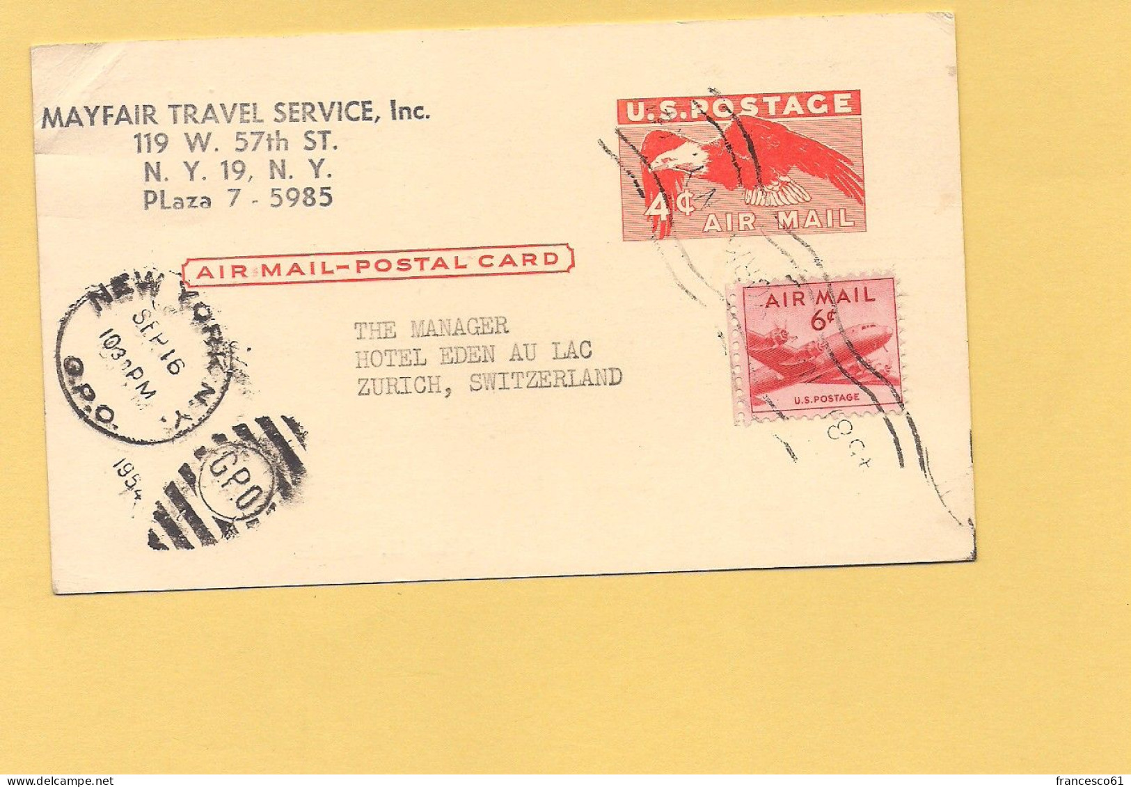 5859) USA 1954  Intero Postate To Svizzera Air Mail - 1941-60