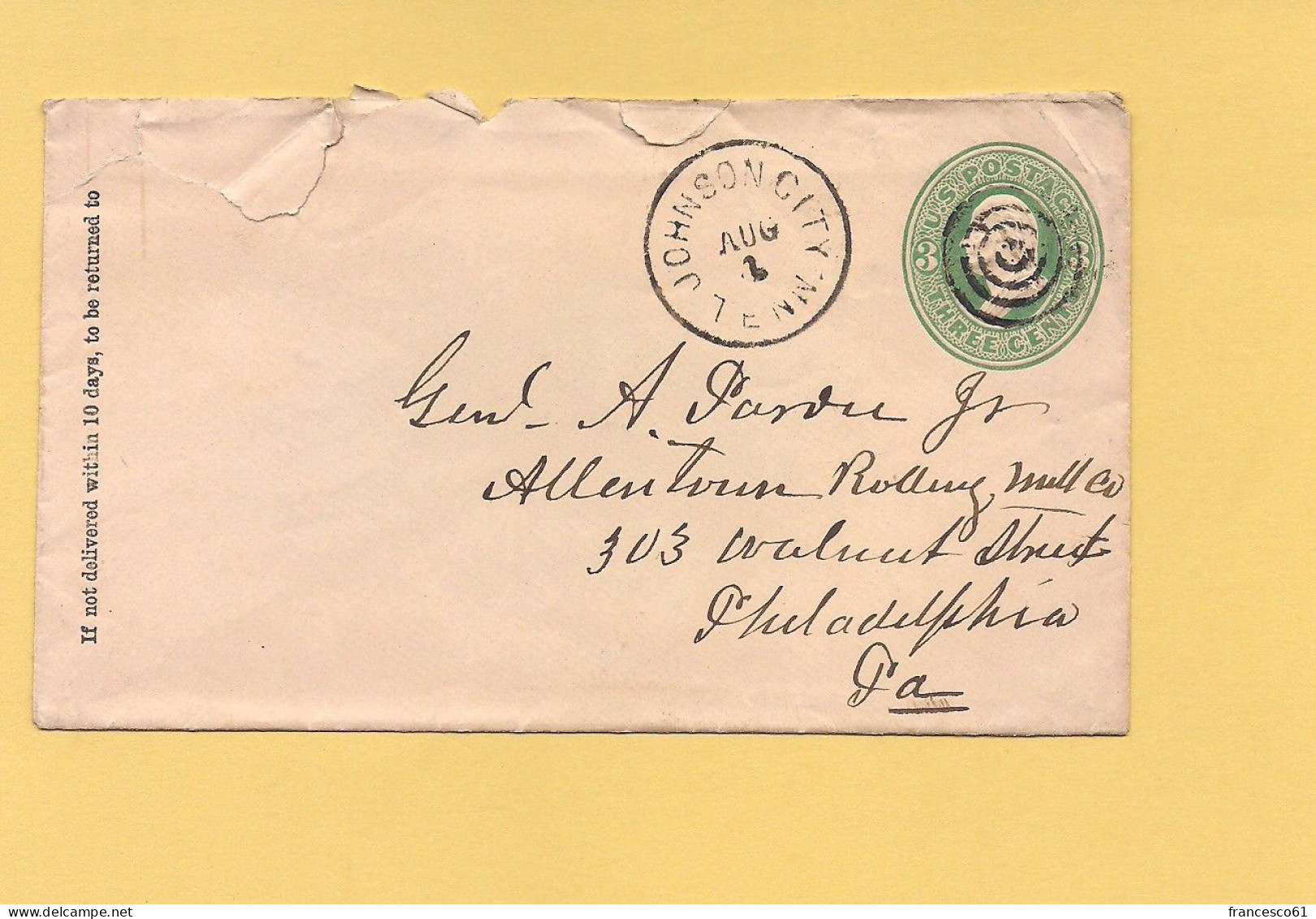 5864) USA JOHNSON CITY Intero Postale 3 Cent - 1901-20