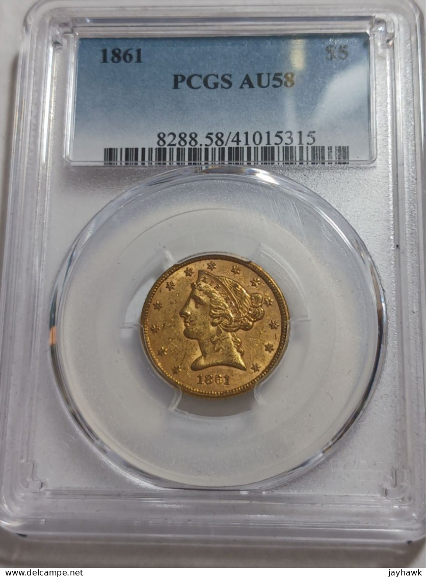 US GOLD COIN, 1861 P $5 HALF EAGLE, PCGS AU 58 - 5$ - Half Eagles - 1866-1908: Coronet Head