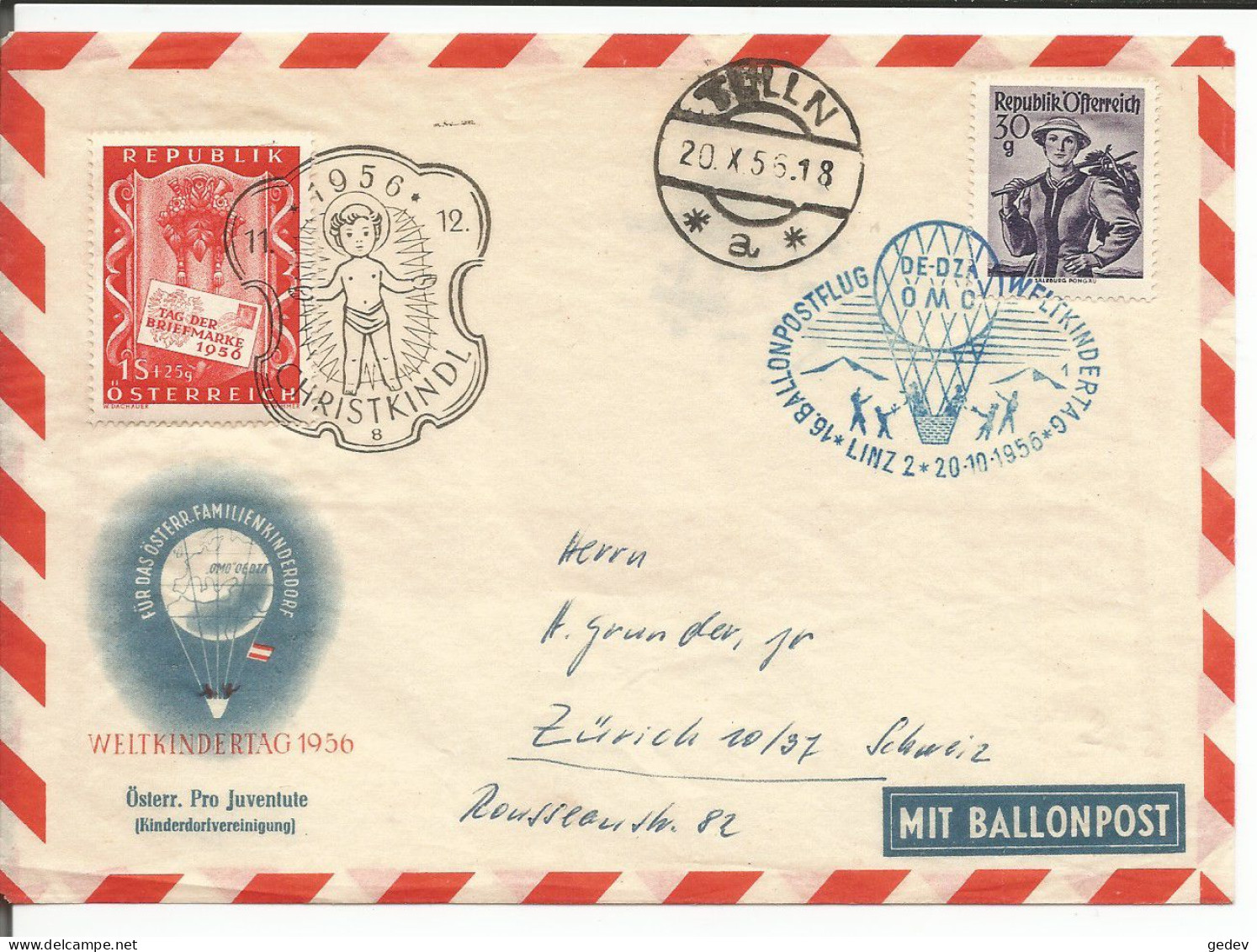 Autriche, Lettre Weltkindertag 1956 Mit Ballonpost, Tulln - Zürich (20.10.1956) - Cartas & Documentos