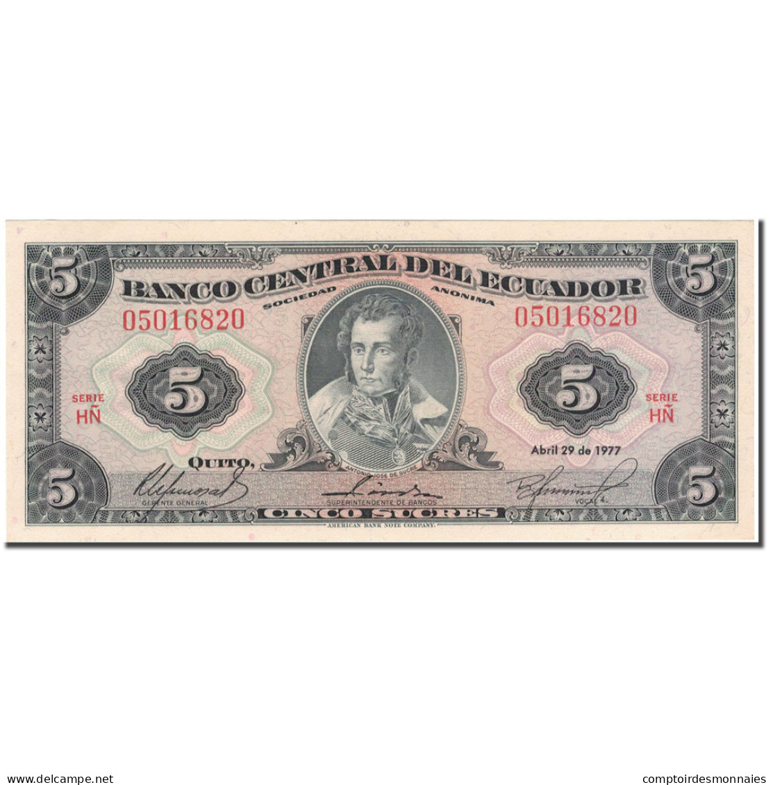 Billet, Équateur, 5 Sucres, 1977-04-29, KM:108a, SPL - Ecuador