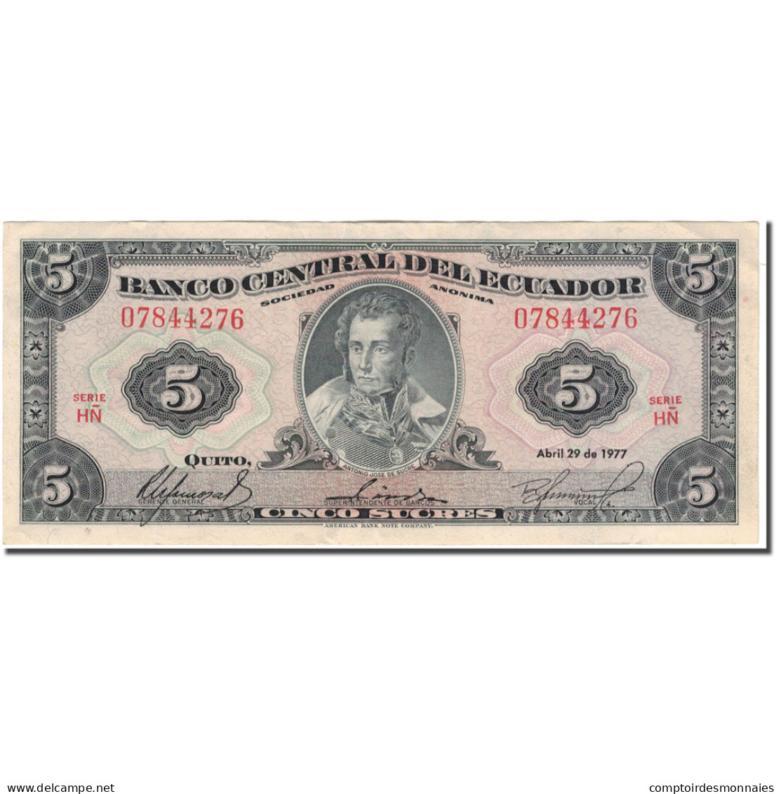 Billet, Équateur, 5 Sucres, 1977-04-29, KM:108a, TTB - Equateur