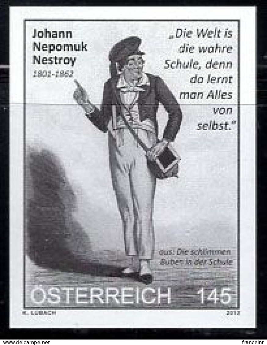 AUSTRIA(2012) Johann Nepomuk Nestroy. Black Print. 19th Century Playwright, Satirist, Singer And Comedian. - Proeven & Herdruk