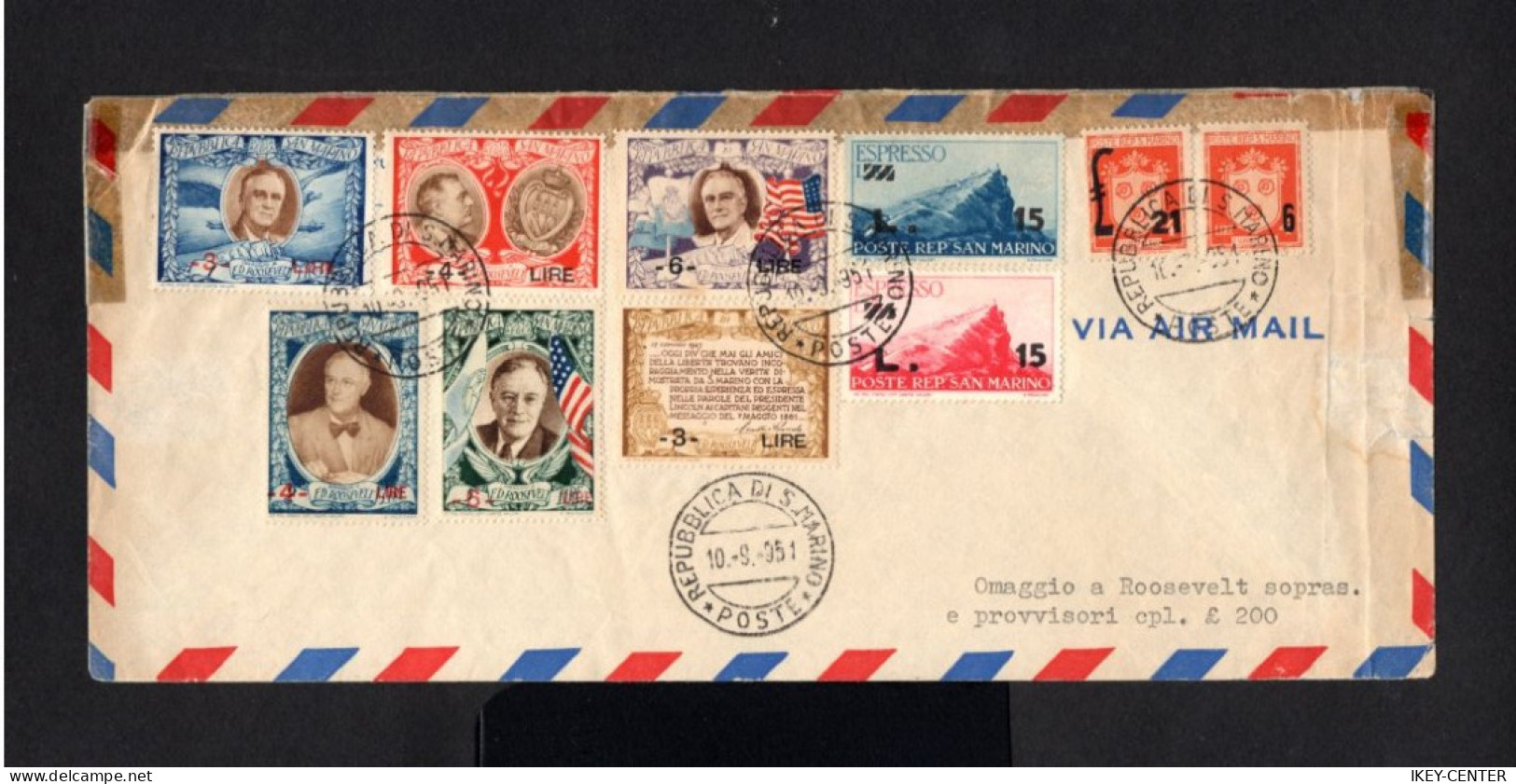 11653-SAN MARINO-.AIRMAIL COVER SAINT MARIN.1951.ENVELOPPE AERIEN.Roosevelt. - Covers & Documents