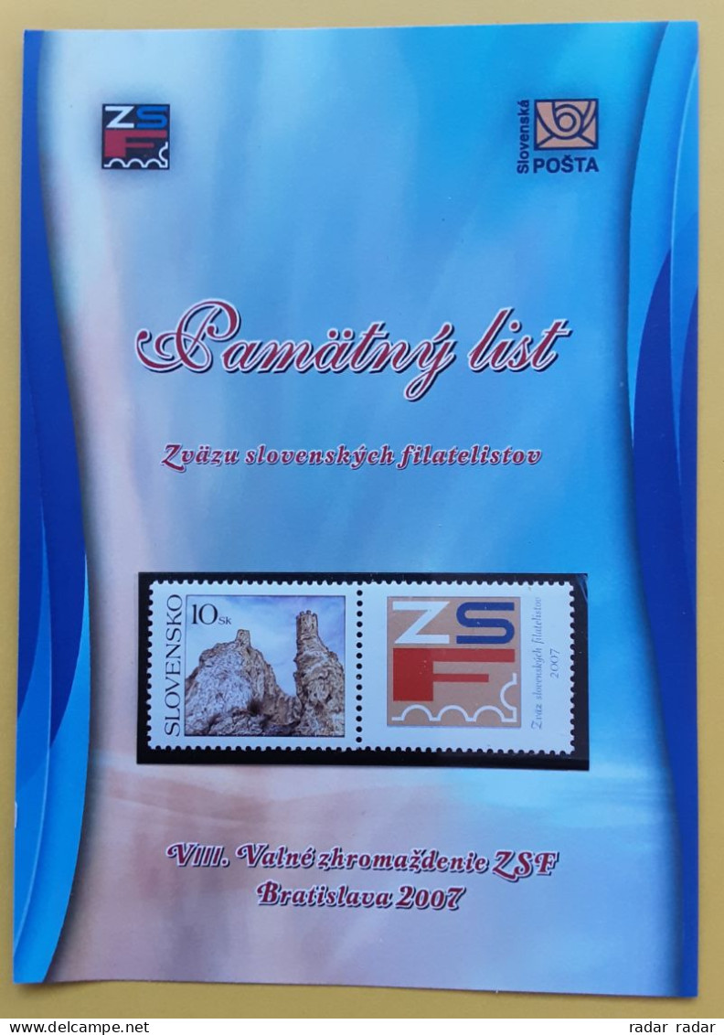 2007 Slovakia  VIII General Meeting Of ZSF Commemorative Sheet With 10 Sk Devin Stamp And Special Coupon Tab Zierfeld - Covers & Documents