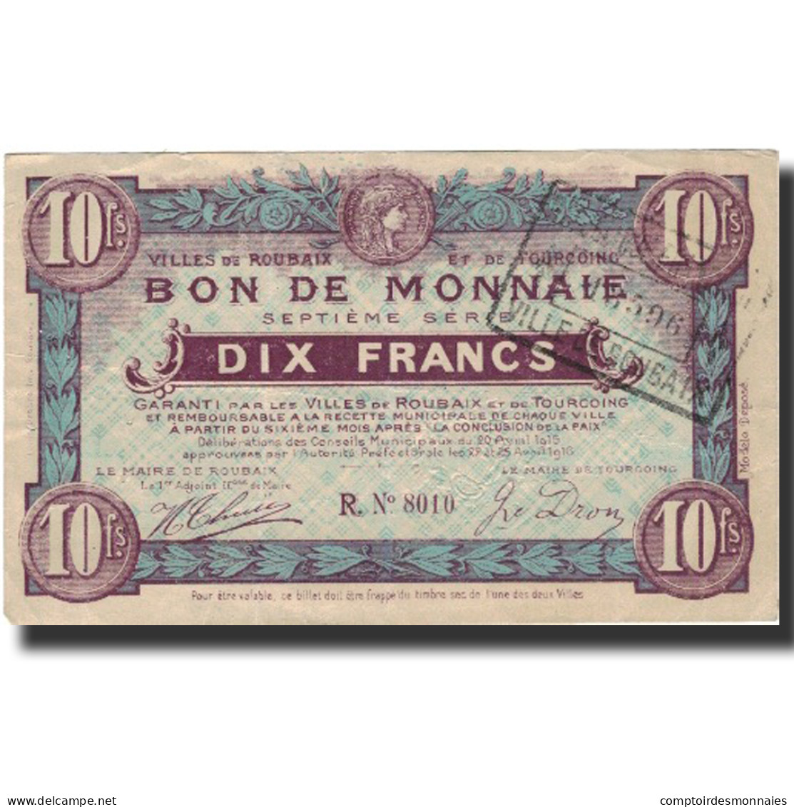 Billet, France, Roubaix Et Tourcoing, 10 Francs, 1916, TTB, Pirot:59-2089 - Bons & Nécessité