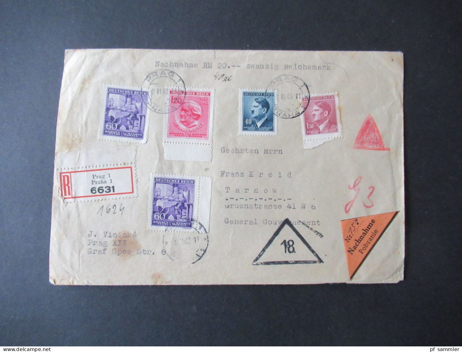 3.Reich 1943 Böhmen Und Mähren Einschreiben Prag 1 / Nachnahme Beleg Ins Generalgouvernement Mit Ank. Stempel Tarnow - Storia Postale