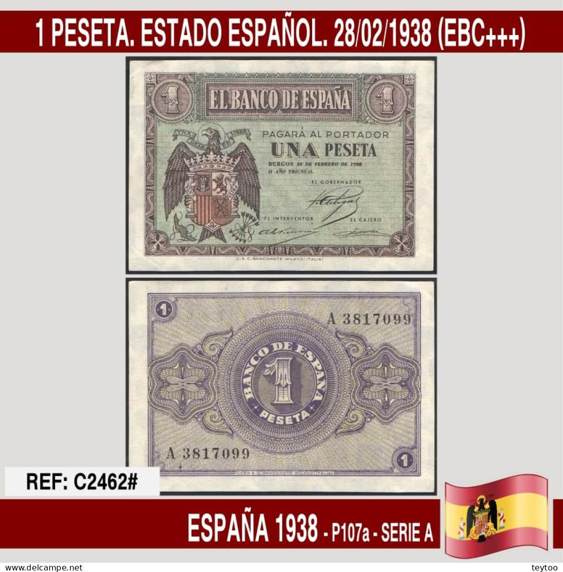 C2462# España 1938. 1 Pts. Estado Español (AU) - 1-2 Pesetas