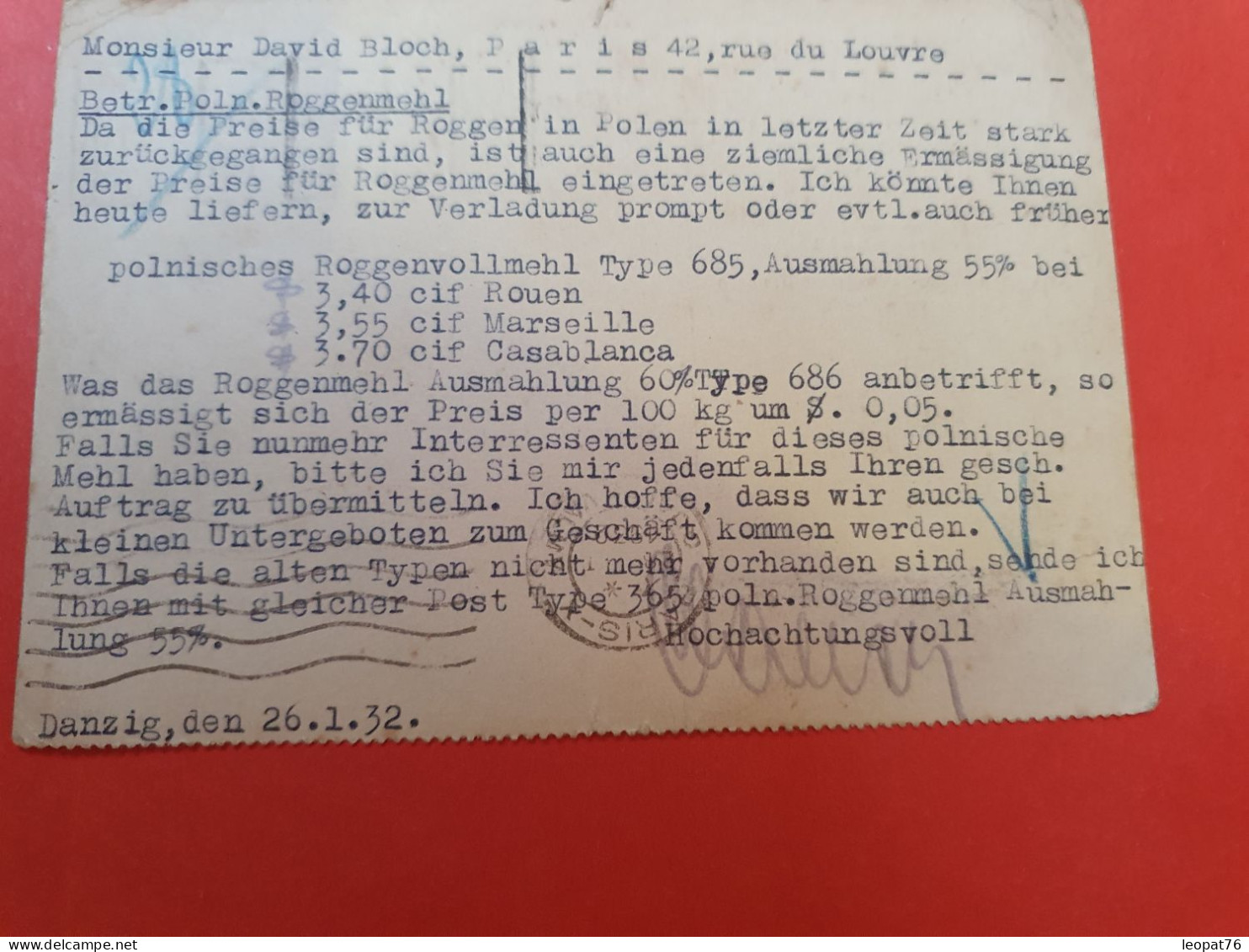 Dantzig - Carte Commerciale Pour Paris En 1932 - D 160 - Cartas & Documentos