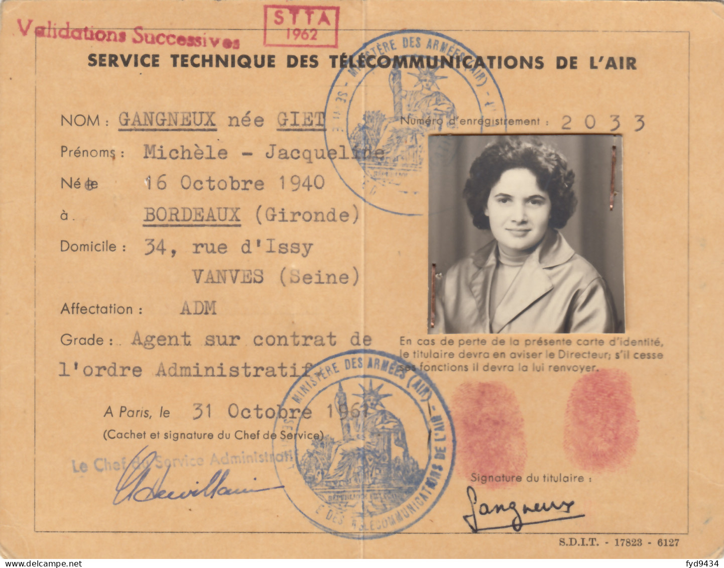 Carte D'Identité Du Service Technique Des Télécommunications De L'Air - 1961 - Aviation