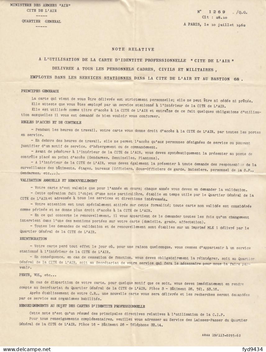 Carte D'Identité Du Service Technique Des Télécommunications De L'Air - 1961 - Aviation