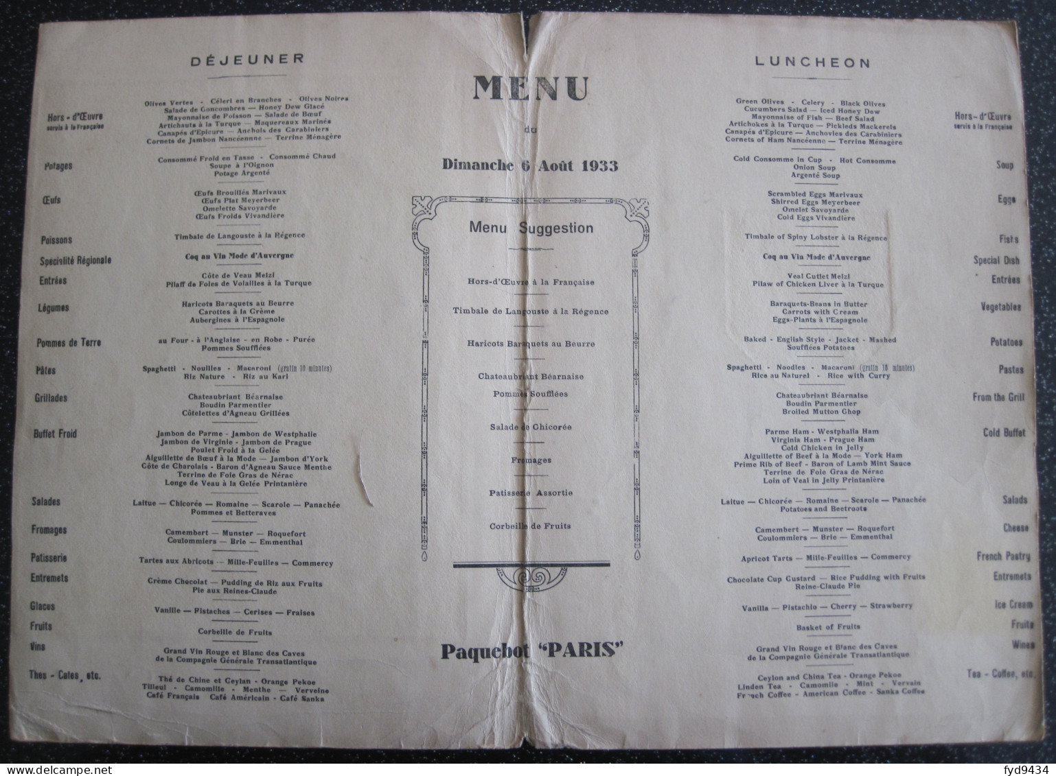 Menu Du Paquebot " Paris " De La Cie Générale Transatlantique - 1933 - Autres & Non Classés