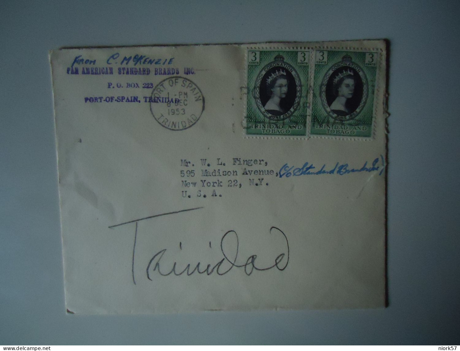 TRINIDAD & TOBAGO  COVER 1953 CORONATION PAIR STAMPS  POSTMARK  PORT OF SPAIN - Trinidad & Tobago (1962-...)