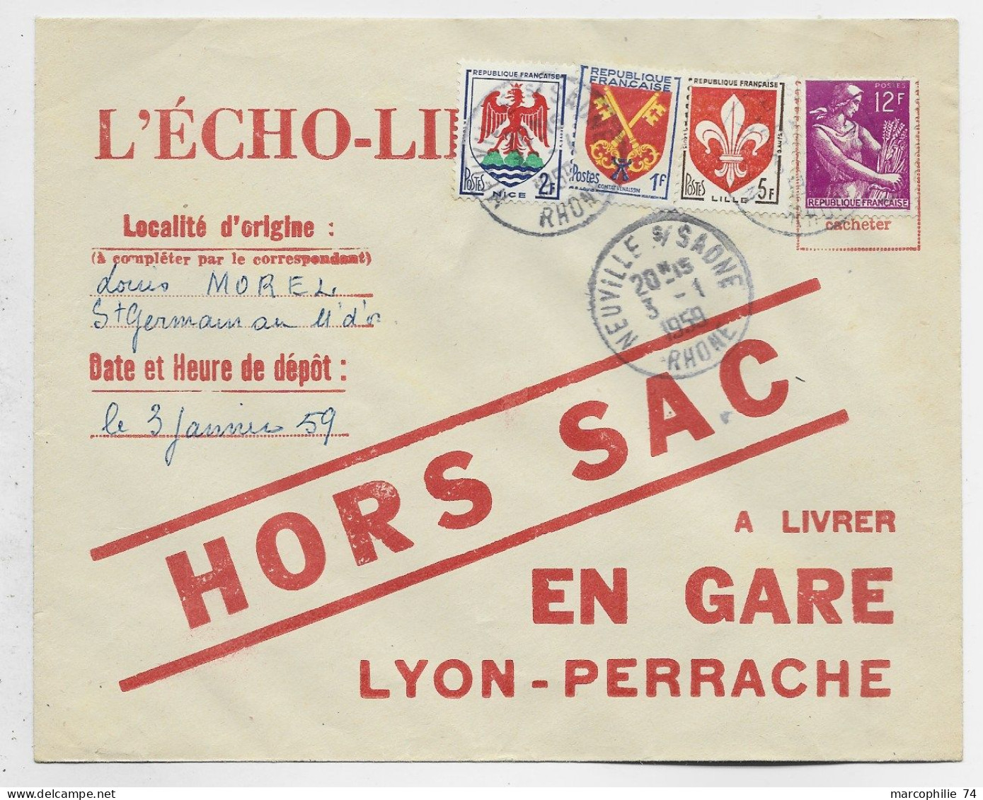 BLASON 1FR+2FR+5FR+ 12FR MOISSONNEUSE ENVELOPPE HORS SAC NEUVILLE 3.1.1959 + VERSO CONVOYEUR ROANNE A LYON - 1941-66 Armoiries Et Blasons