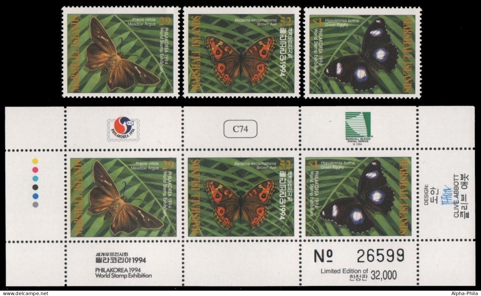 Marshall-Inseln 1994 - Mi-Nr. 544-546 Einzeln & KLB ** - MNH - Schmetterlinge - Marshall
