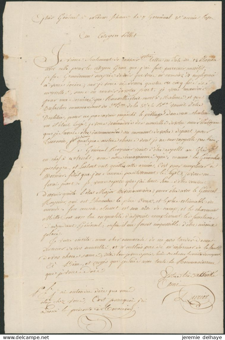 LAC Daté Du Quartier Général à Nieuw... (7 Germinal An II, 1794) + Griffe B. AU. G. AL. ARM. DU NORD > Tourcoing Parvenu - 1815-1830 (Hollandse Tijd)