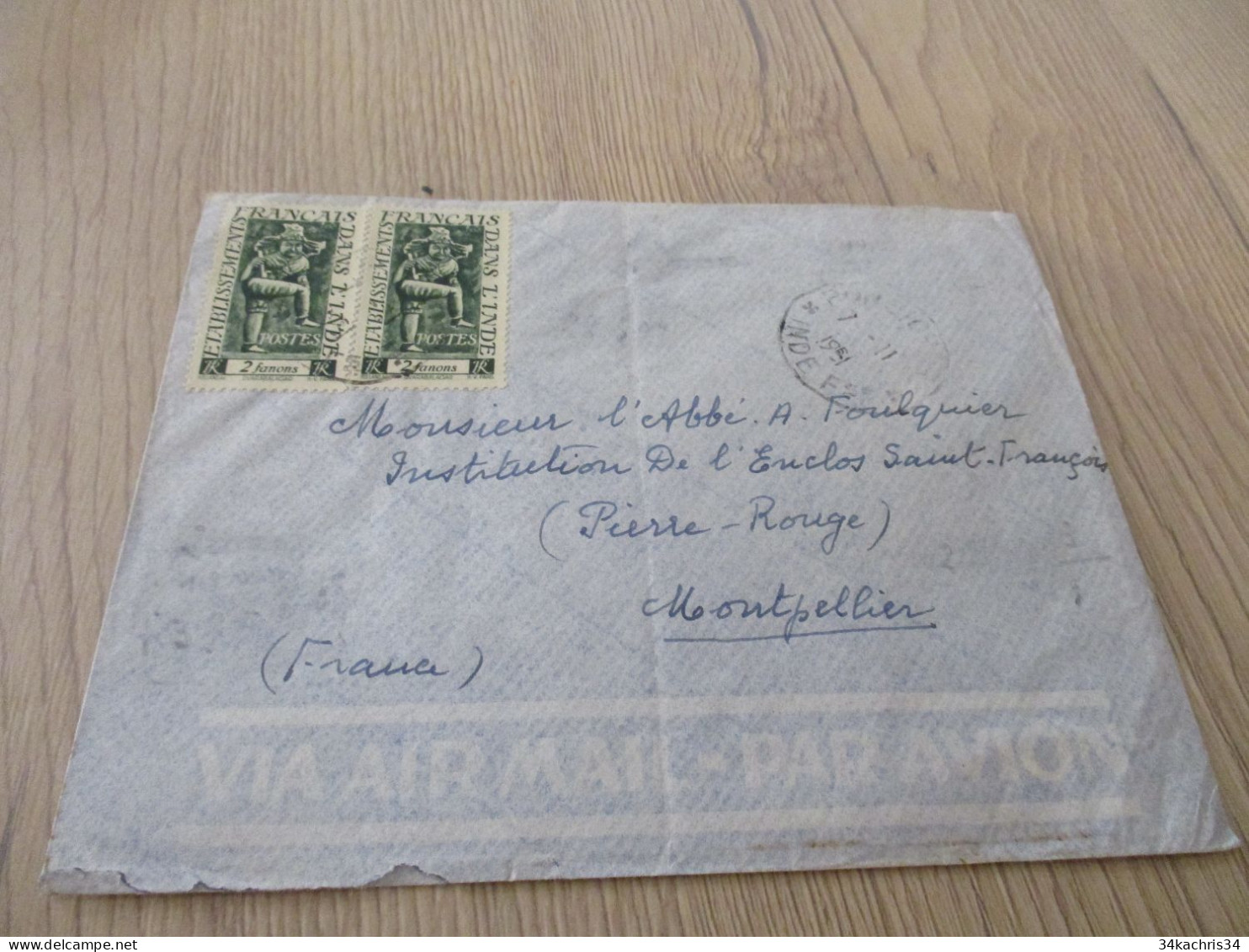 M45 Sur CPA Pondichéry Paire 2 TP Colonies Française établissement De L'Inde Pondichéry Pour Montpellier - Lettres & Documents