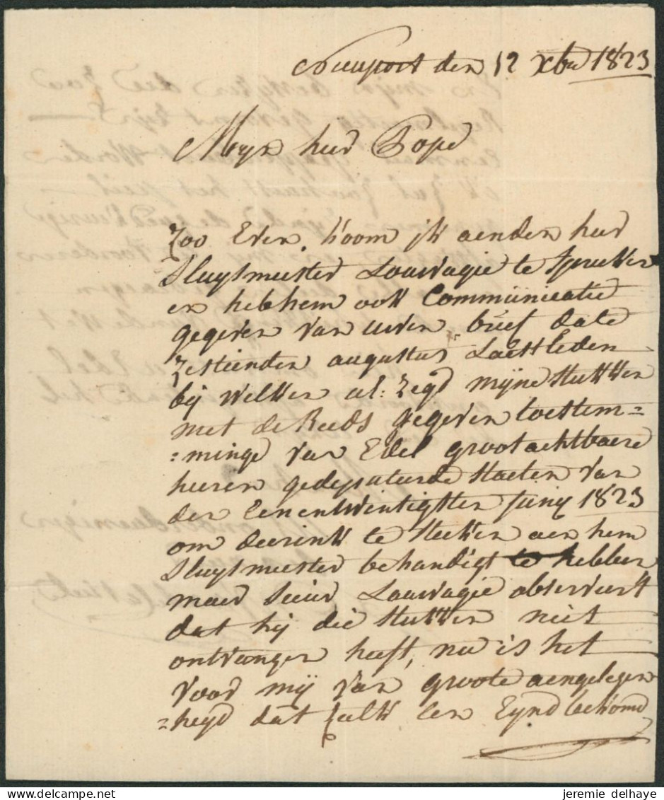 LAC Daté De Nieuport (1823) + Obl Linéaire Noir NIEUWPOORT / FRANCO (R) > Brugge. Port Payé 3 Décimes - 1815-1830 (Période Hollandaise)