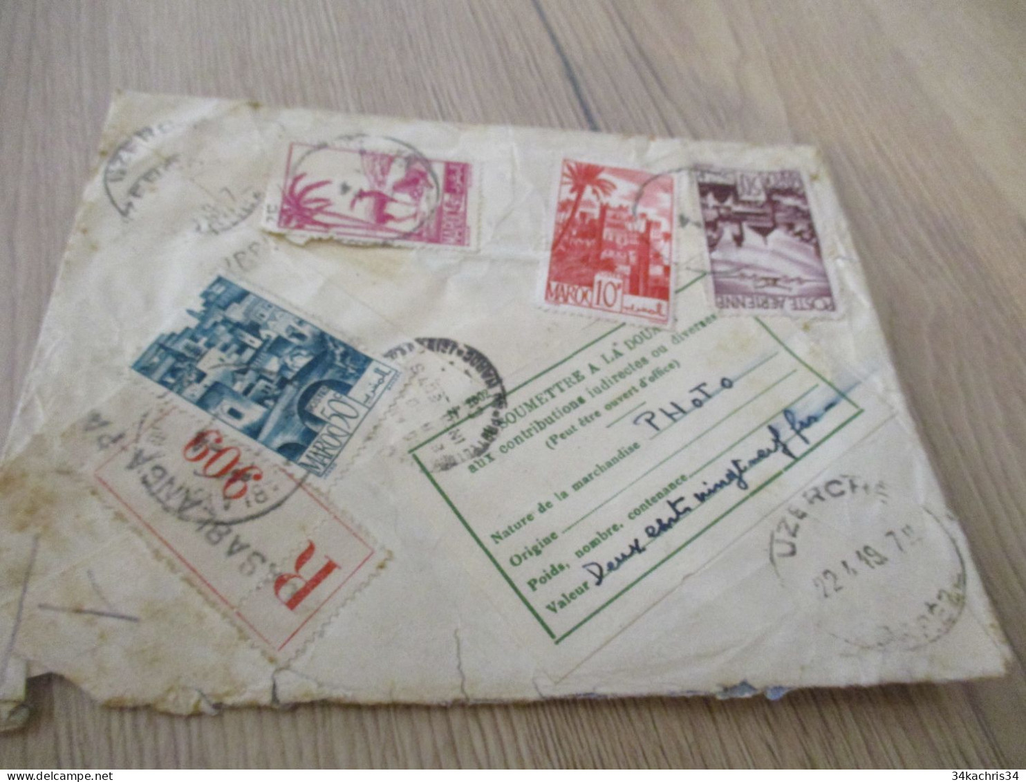 Lettre Colonies Françaises Maroc  4 TP Anciens En Recommandé + Vignette Douane Casablanca Pour Uzerche Pub Erard Optique - Covers & Documents