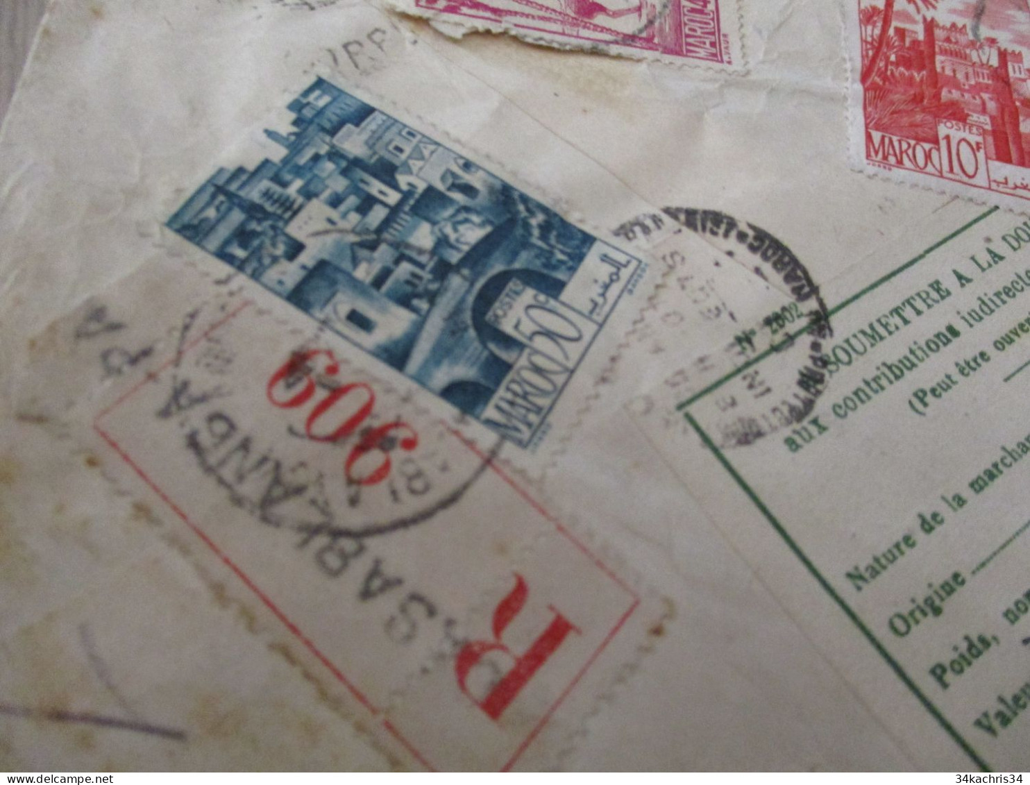 Lettre Colonies Françaises Maroc  4 TP Anciens En Recommandé + Vignette Douane Casablanca Pour Uzerche Pub Erard Optique - Briefe U. Dokumente