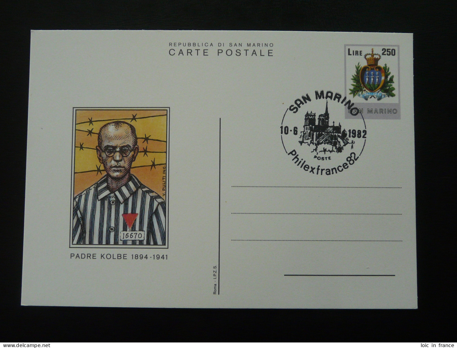 Entier Postal Stationery Card Padre Kolbe Deportation Camp De Concentration San Marino Philexfrance 1982 - Ganzsachen