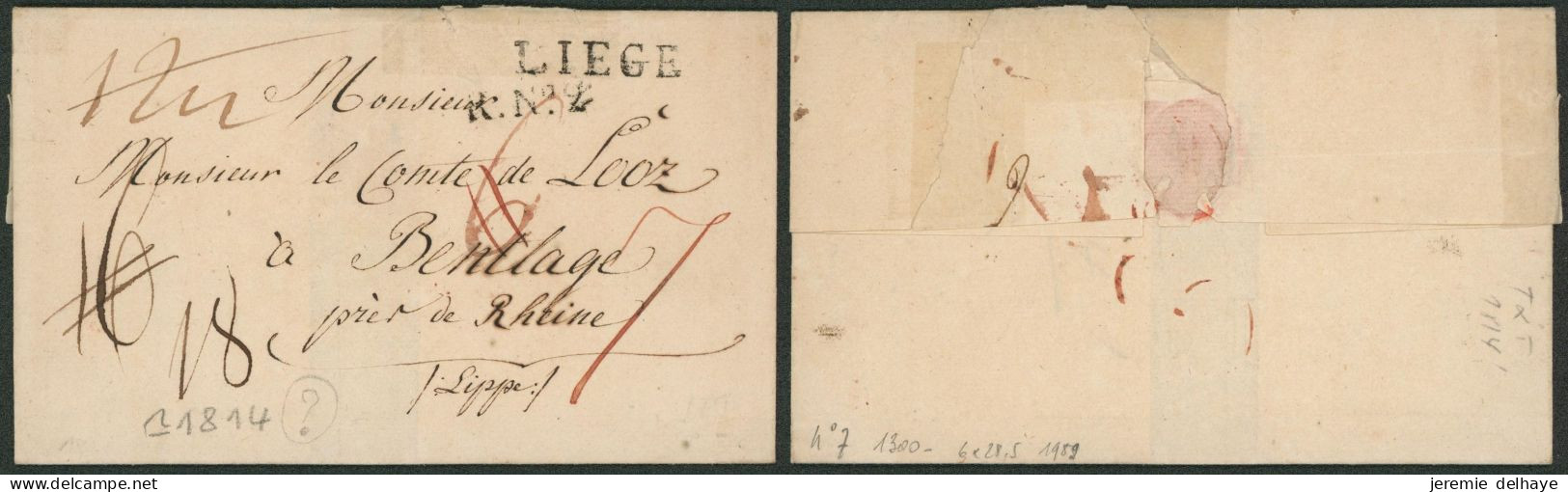 Précurseur - LSC + Obl Linéaire Noir LIEGE  R.N°2 > M. Le Comte De Looz à Bentlage (Allemagne) / Rectification Du Port - 1815-1830 (Dutch Period)