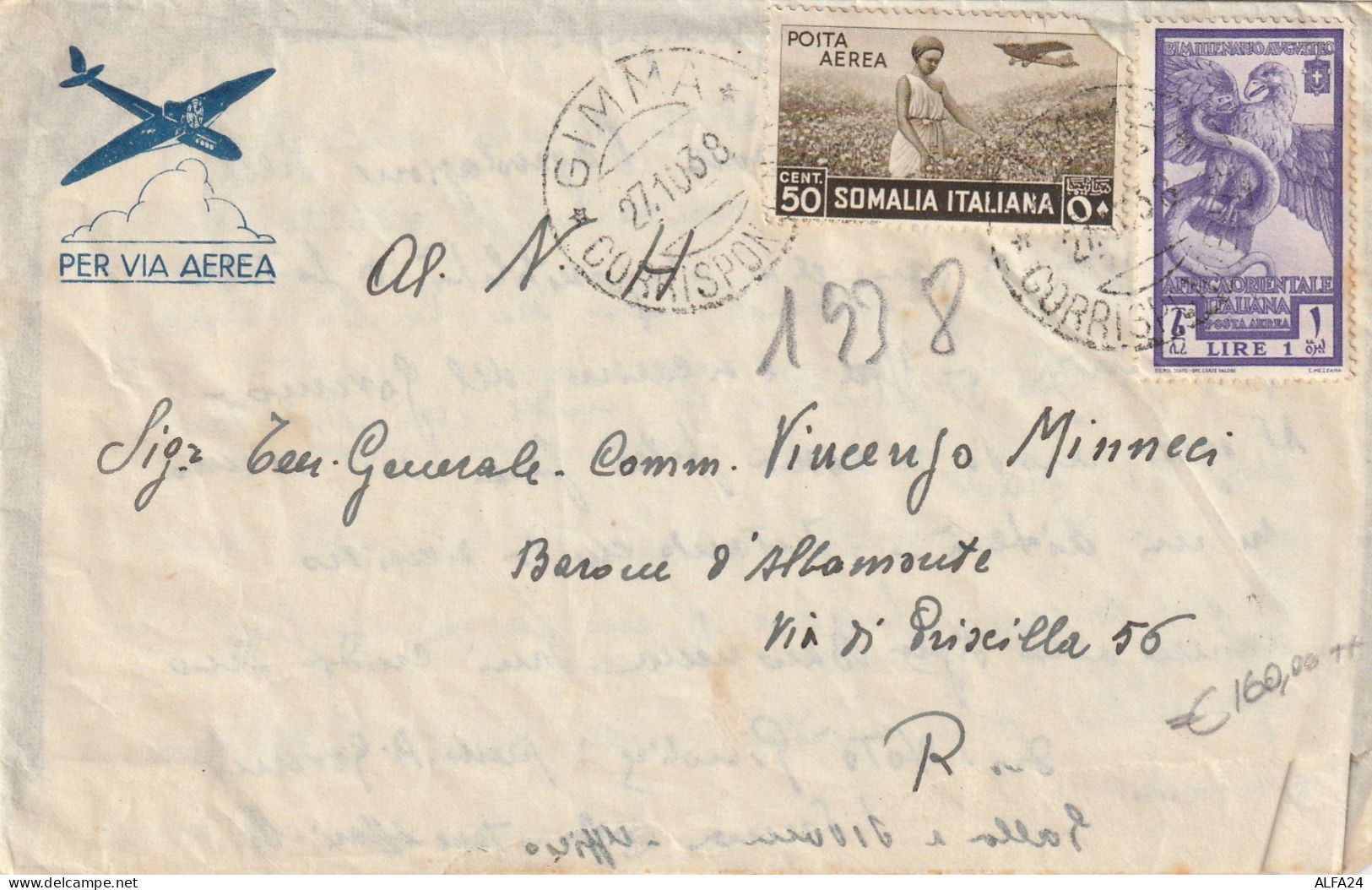 LETTERA C.50 SOMALIA + 1 L. PA AOI TIMBRO GIMMA CON CONTENUTO (MZ927 - Afrique Orientale Italienne