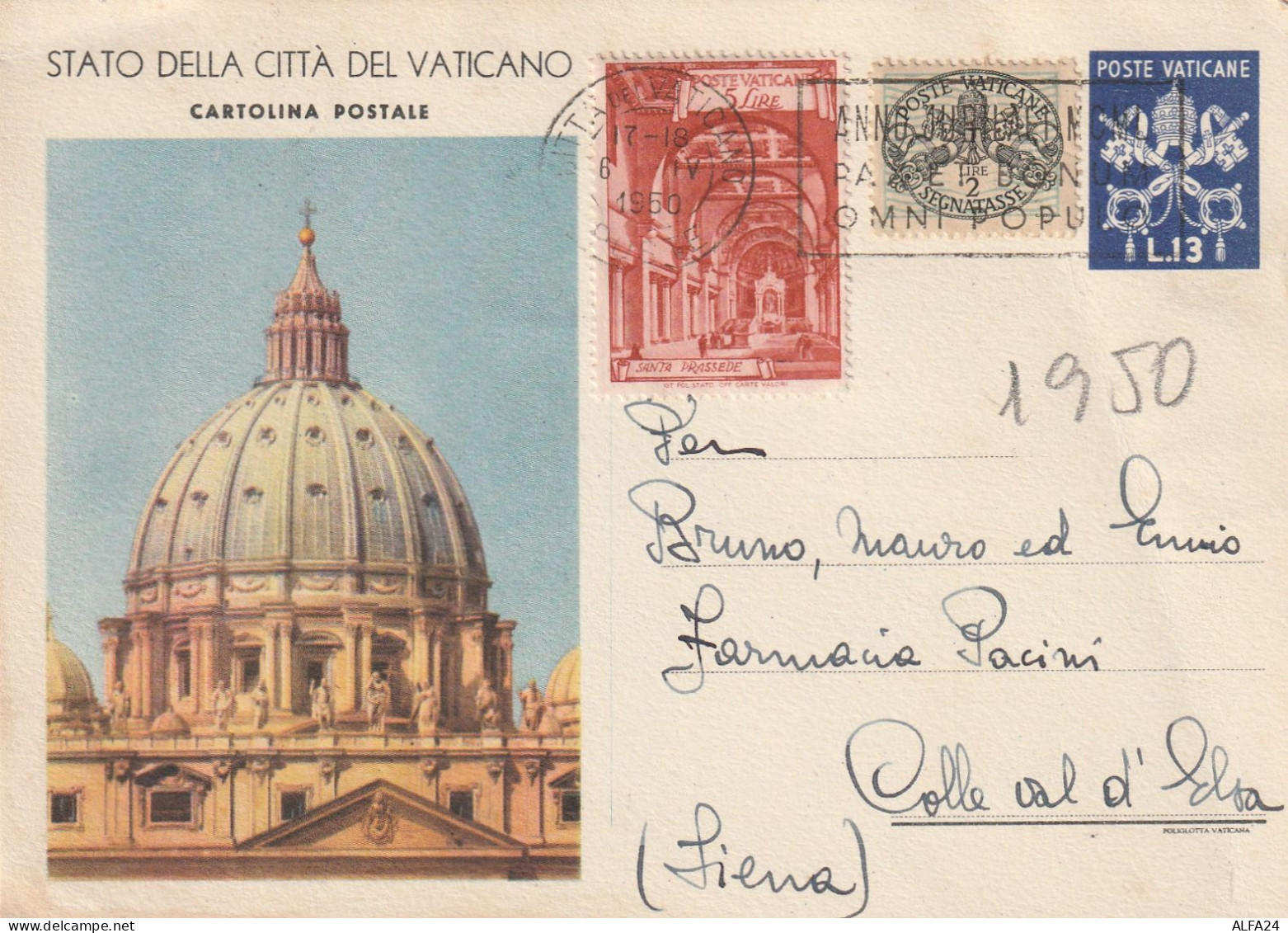 INTERO POSTALE VATICANO 1953 L.13+2 L. SEGNATASSE +5 SANTA PRASSEDE  (MZ903 - Postwaardestukken