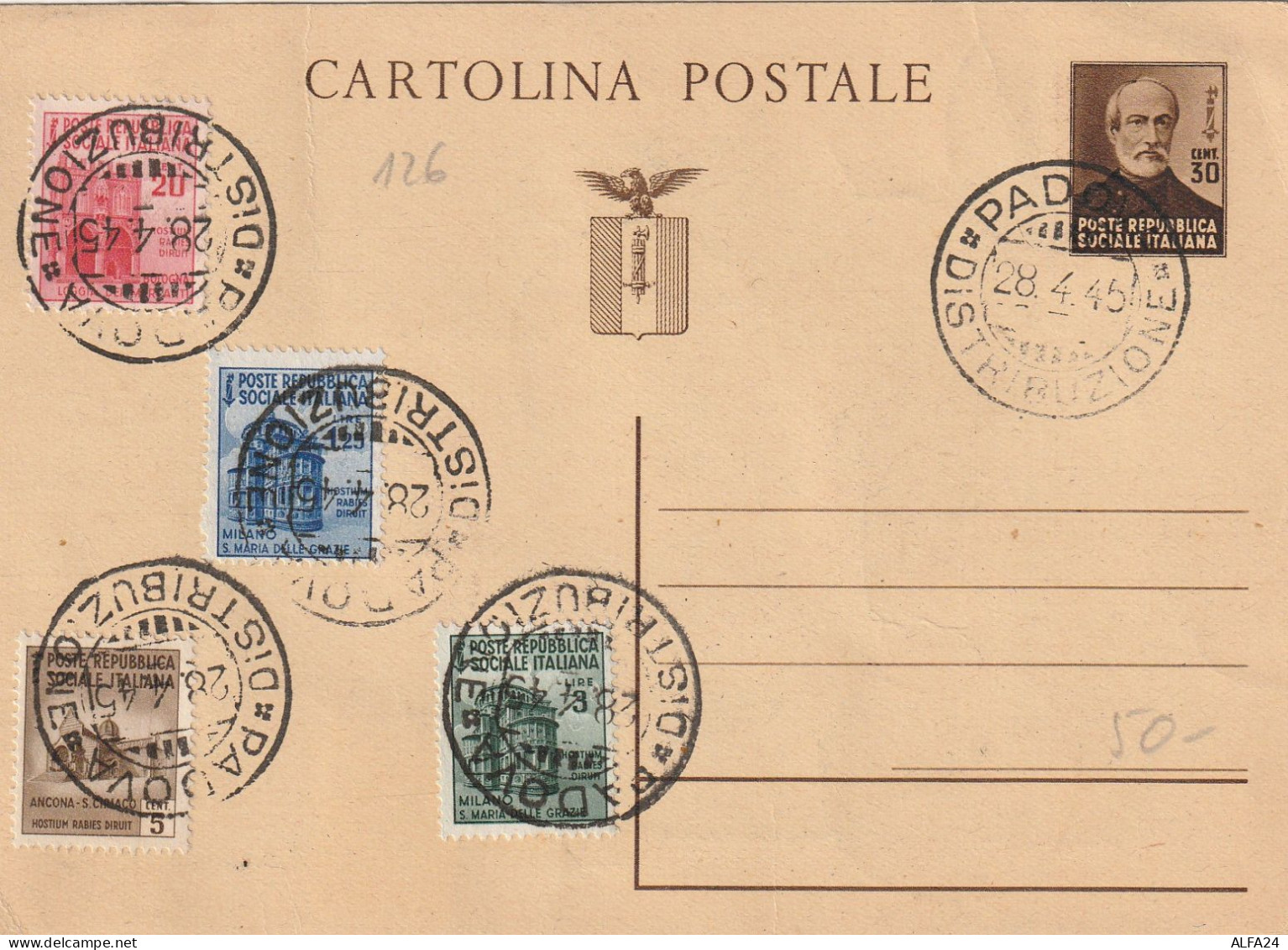 INTERO POSTALE RSI 1945 MAZZINI CON SERIE TIMBRO PADOVA (MZ833 - Interi Postali